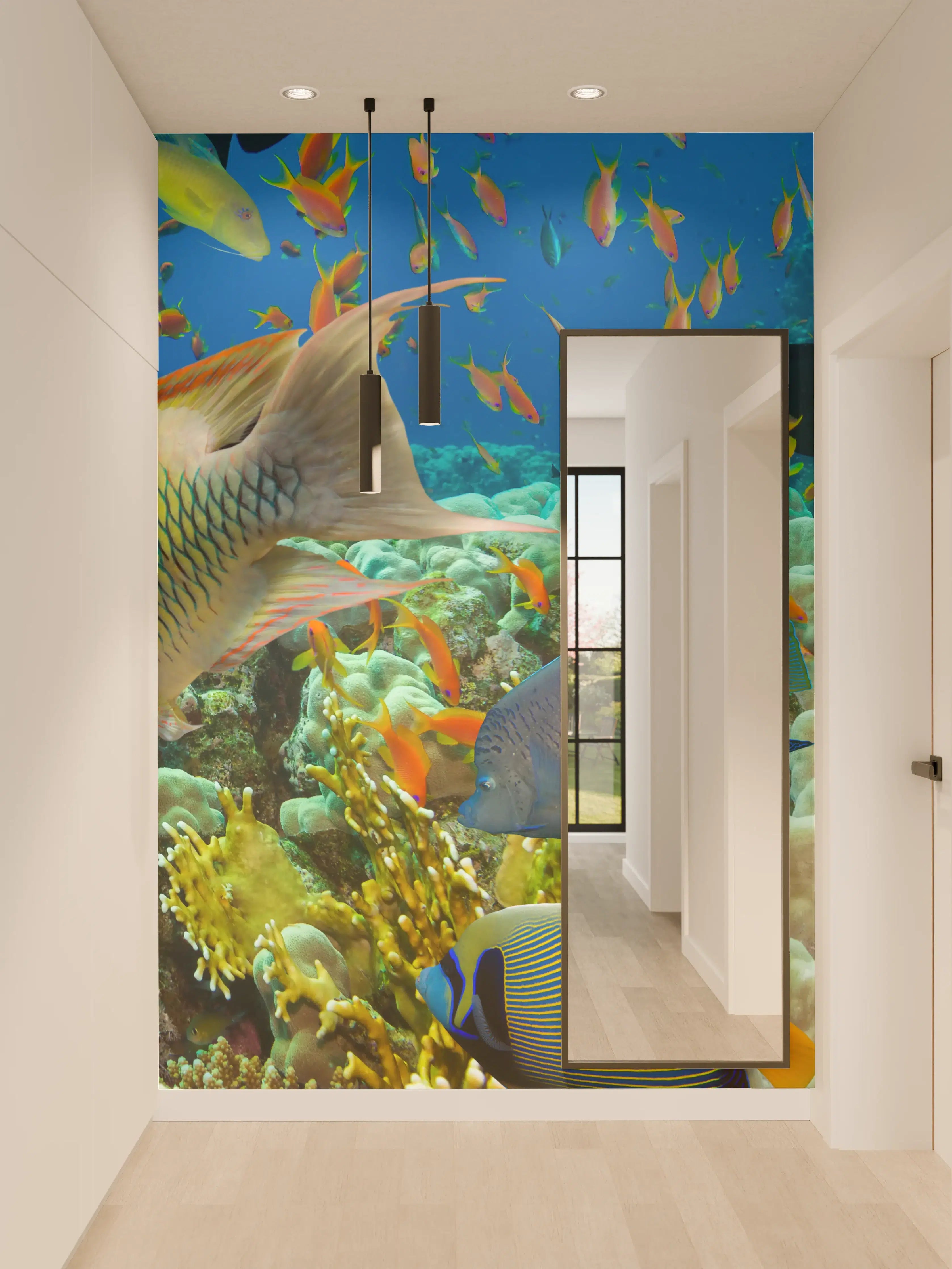 Wandverkleidung Flur - Grau getönte Unterwasserwelten mit Korallen und Fischen