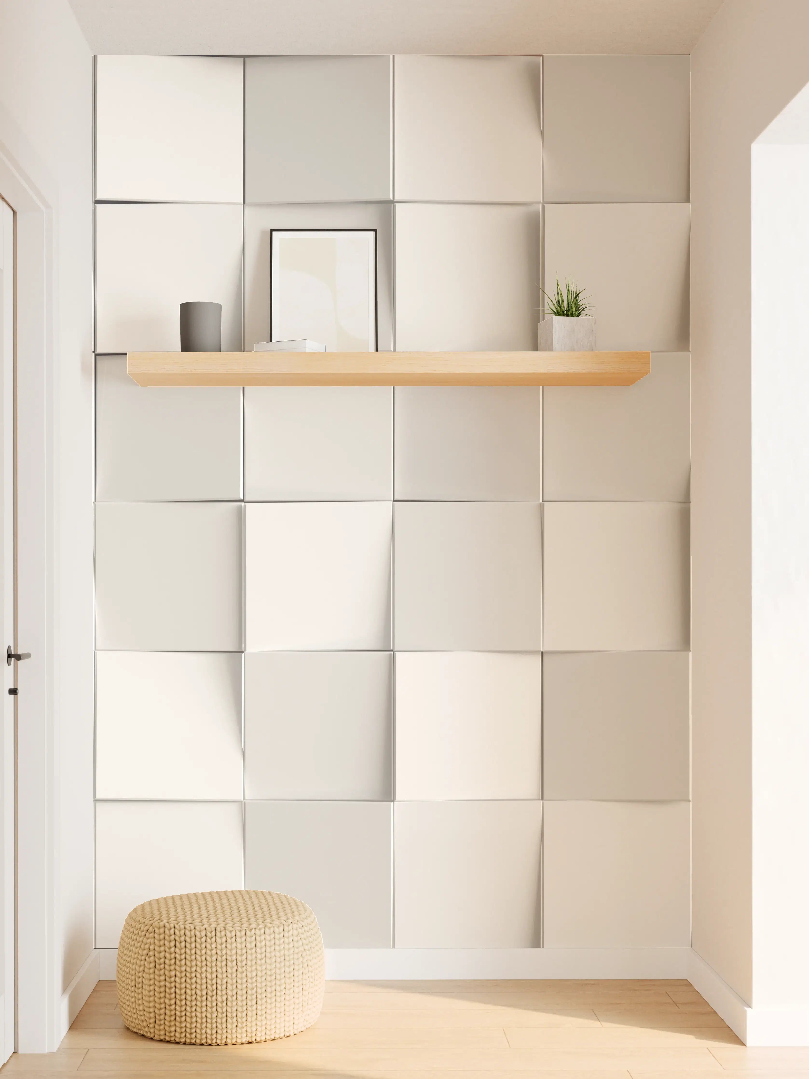 Wandverkleidung Flur - Graue 3D-Fliesenwand in Weißoptik