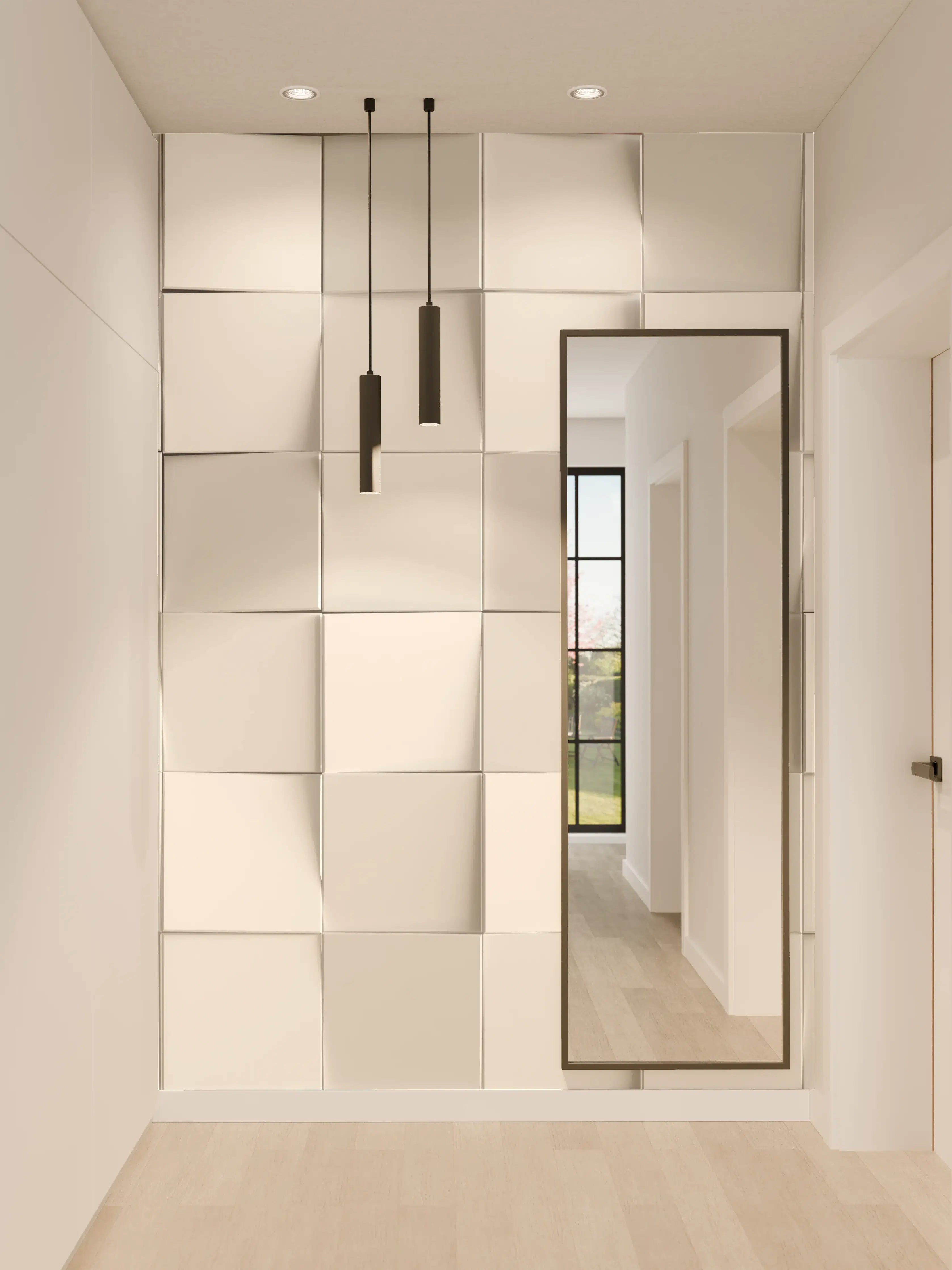 Wandverkleidung Flur - Graue 3D-Fliesenwand in Weißoptik