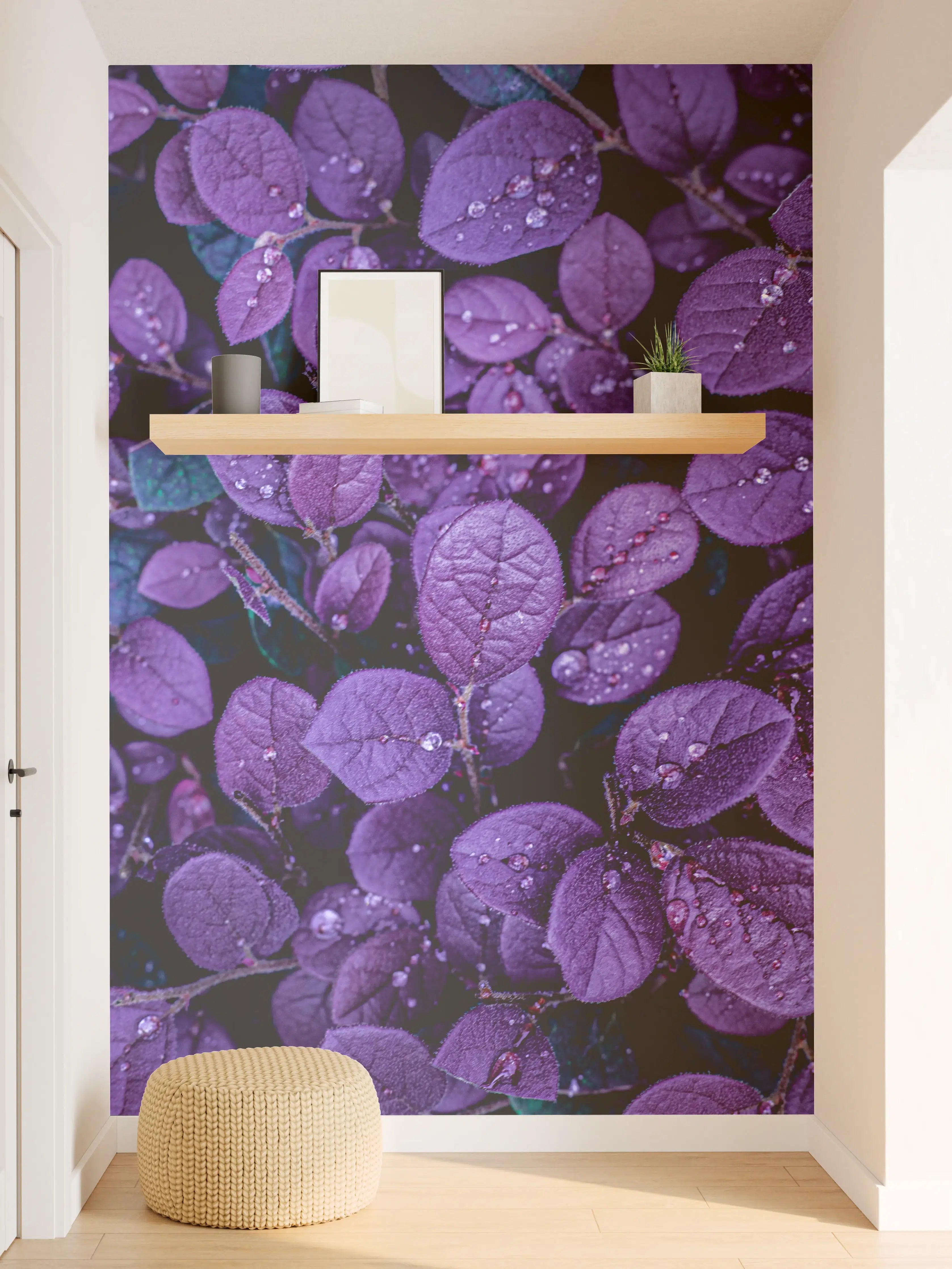 Wandverkleidung Flur - Graue Blätter mit Tautropfen