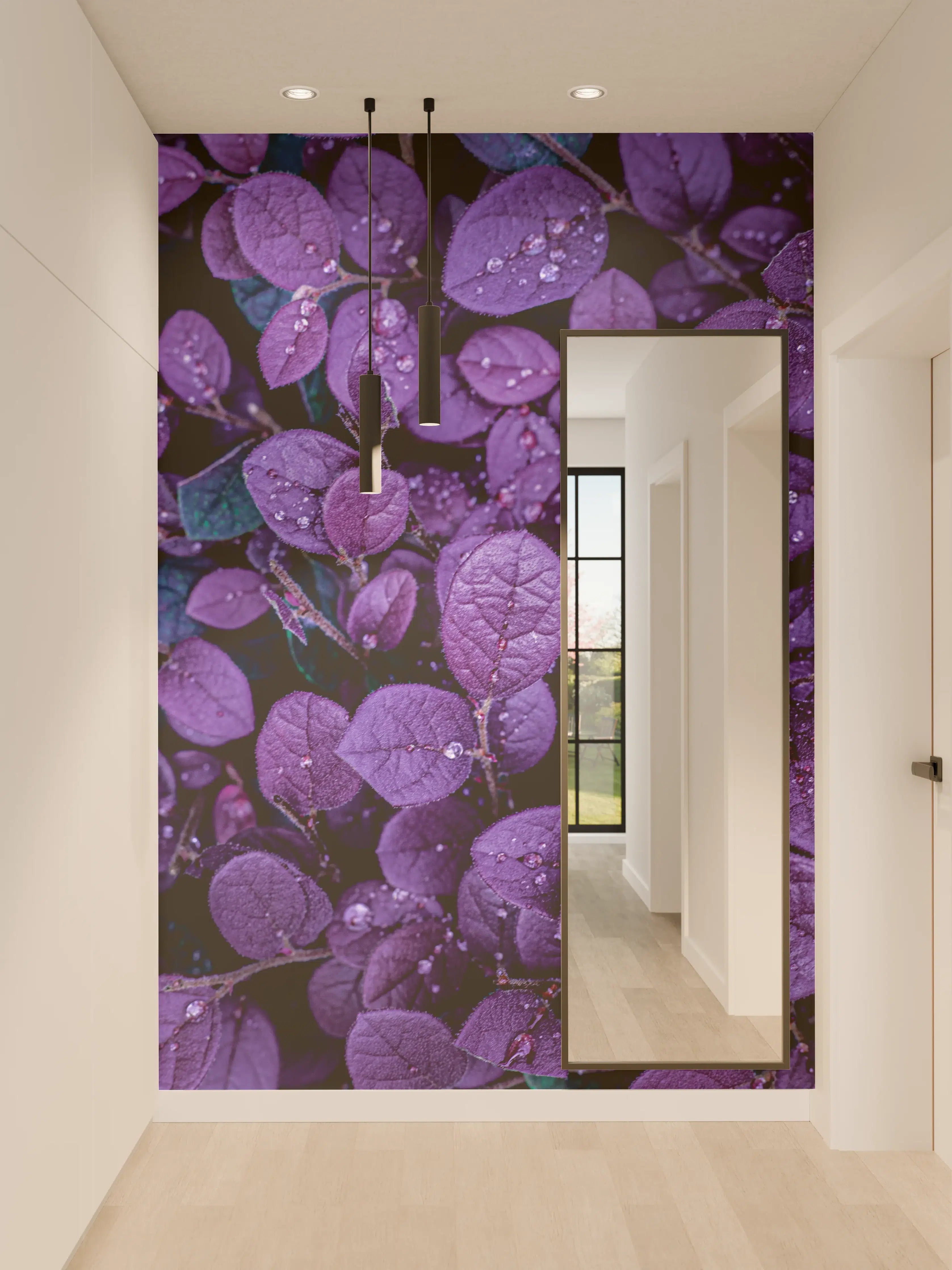 Wandverkleidung Flur - Graue Blätter mit Tautropfen