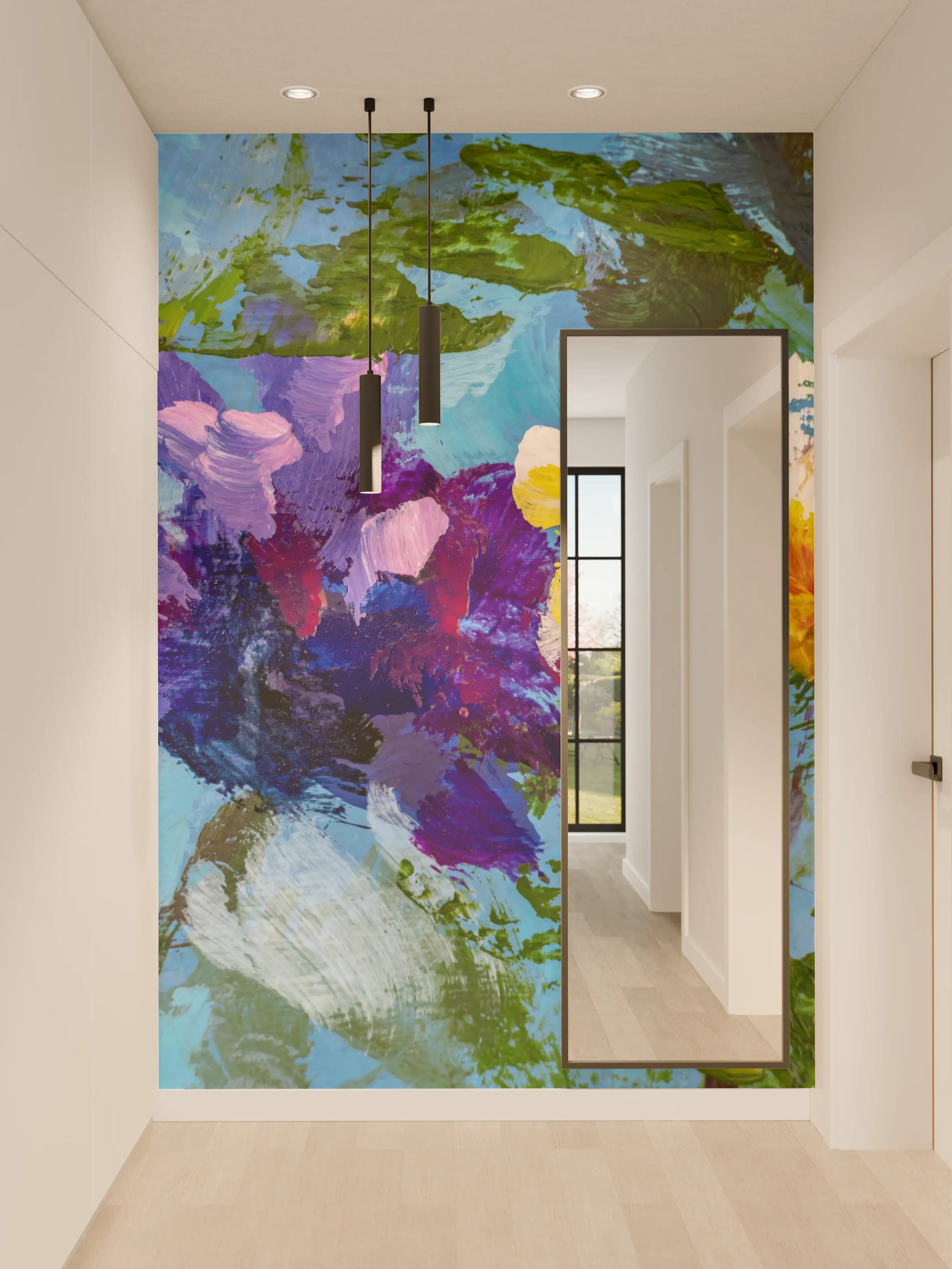 Wandverkleidung Flur - Graue Blütenpracht in lebendigen Farben