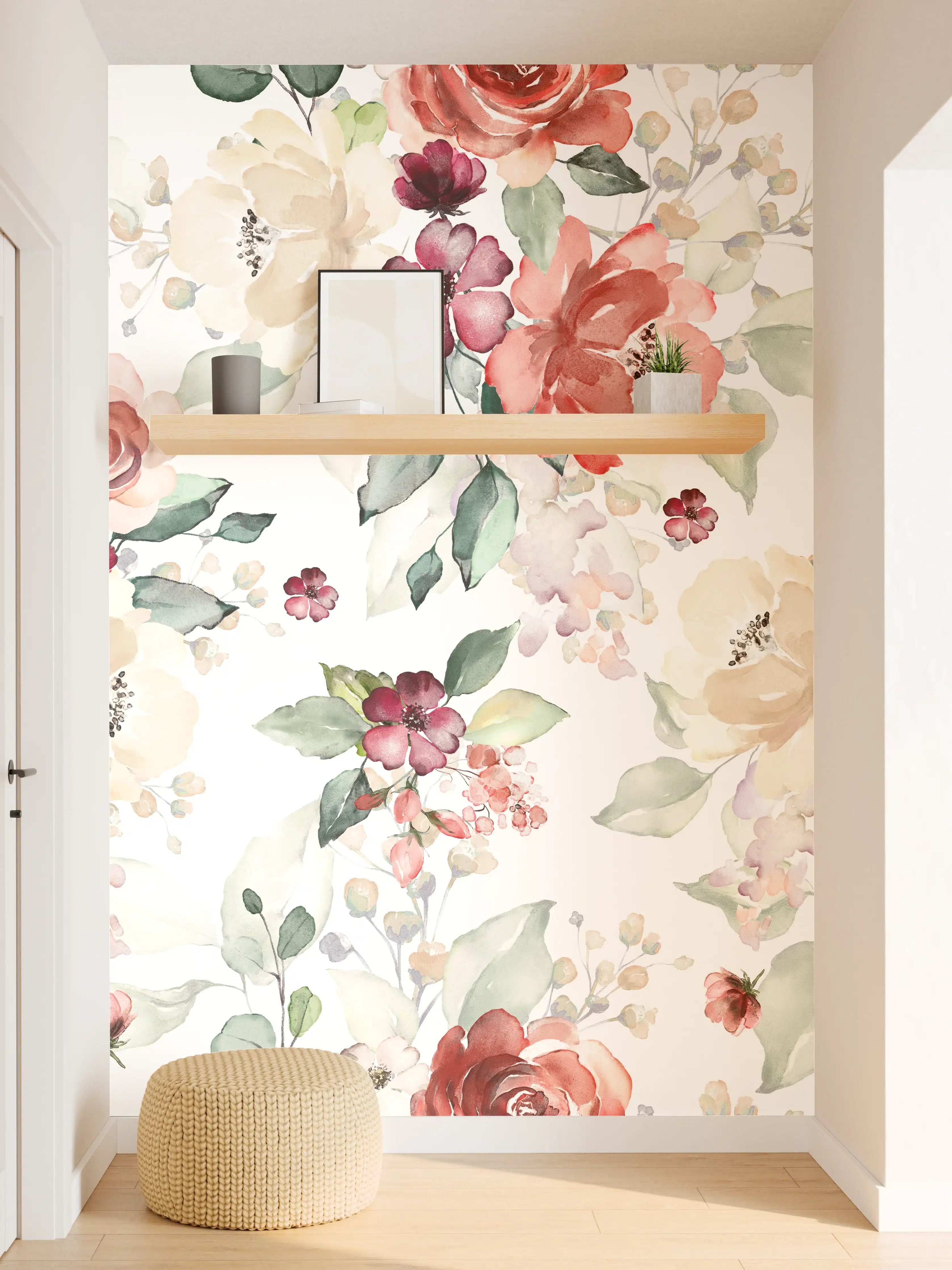 Wandverkleidung Flur - Graue Blumenmuster im Pastellweiß