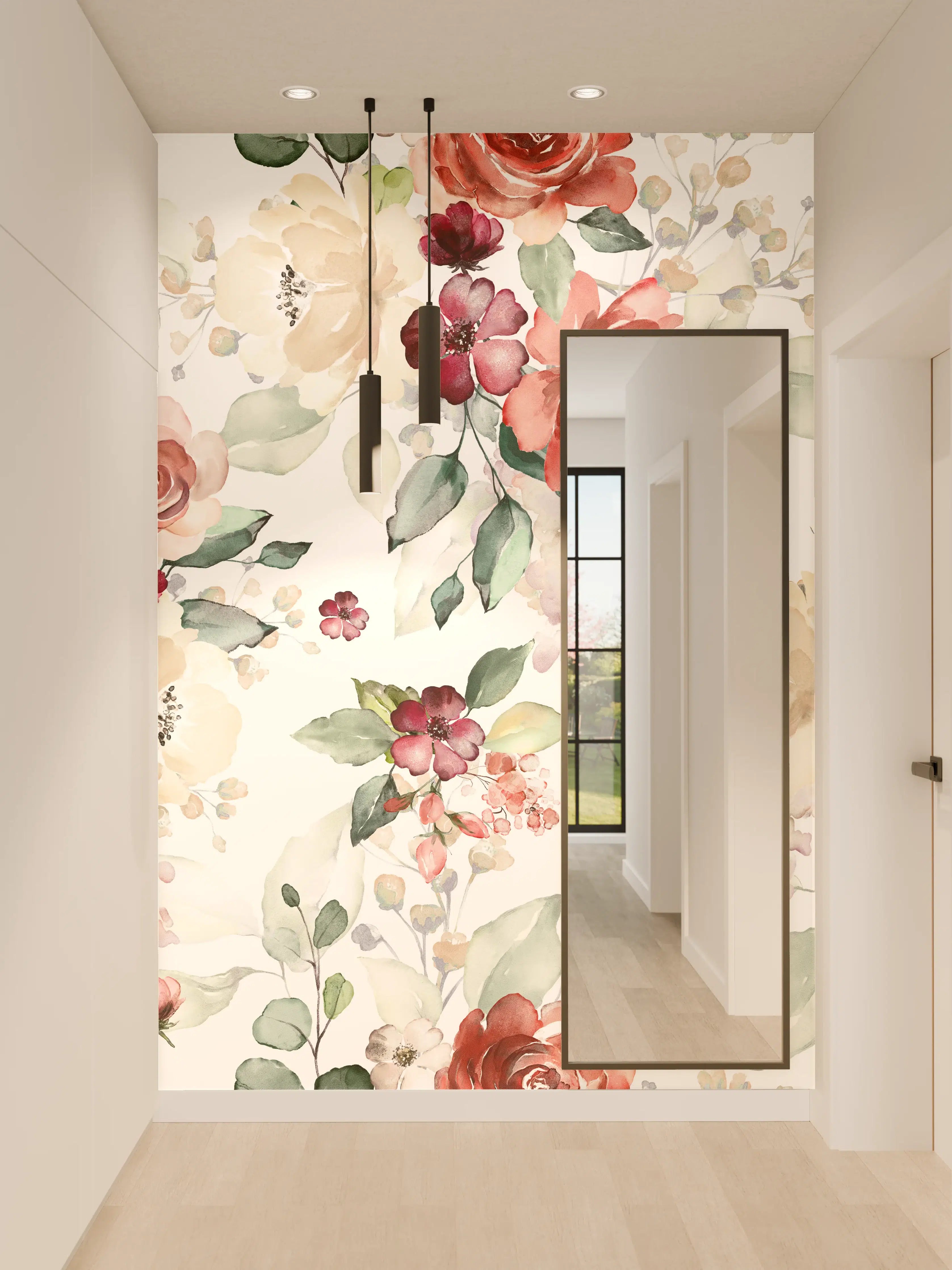 Wandverkleidung Flur - Graue Blumenmuster im Pastellweiß