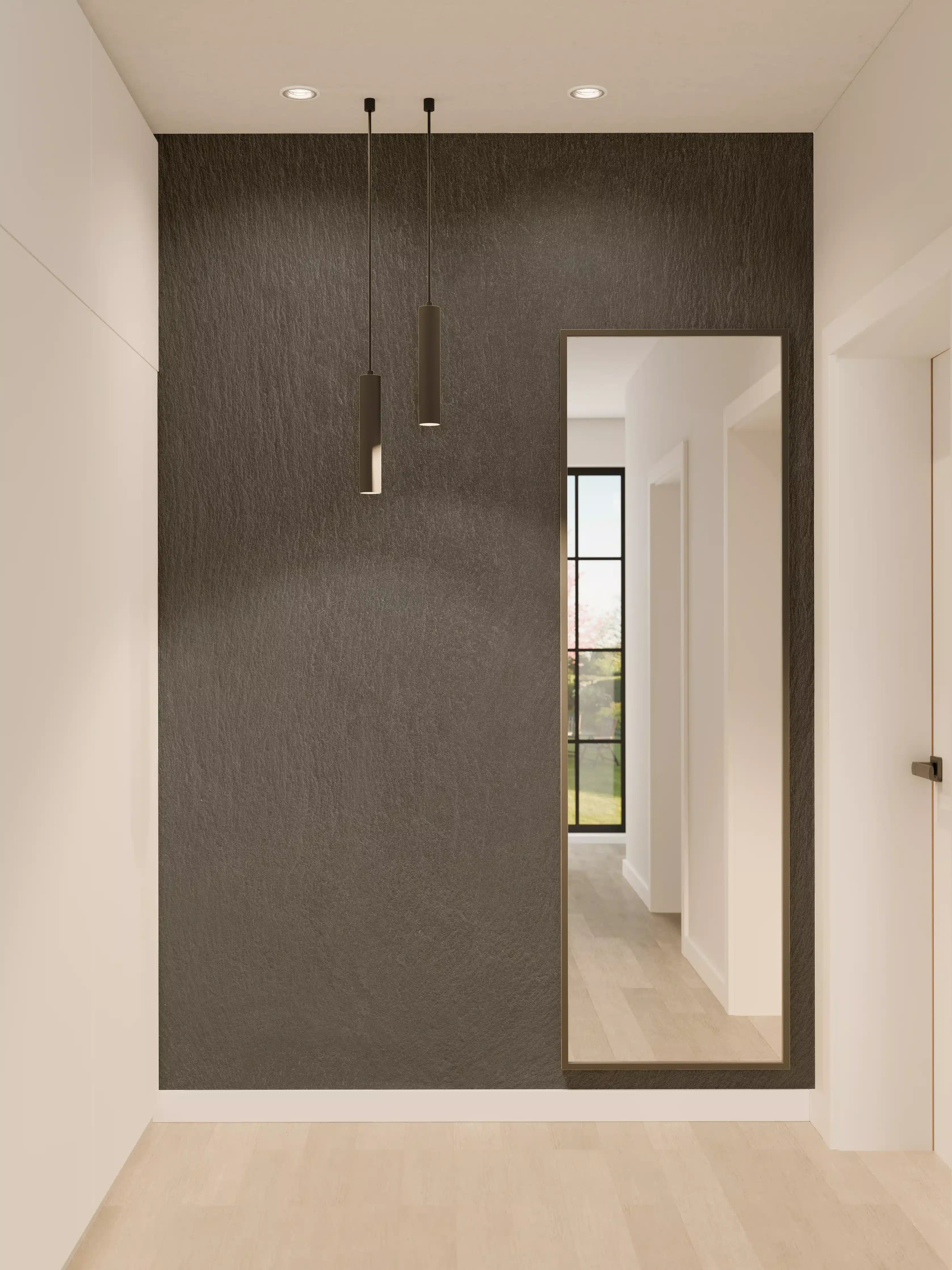 Wandverkleidung Flur - Graue Holzoptik Fliese mit Weißmotiven