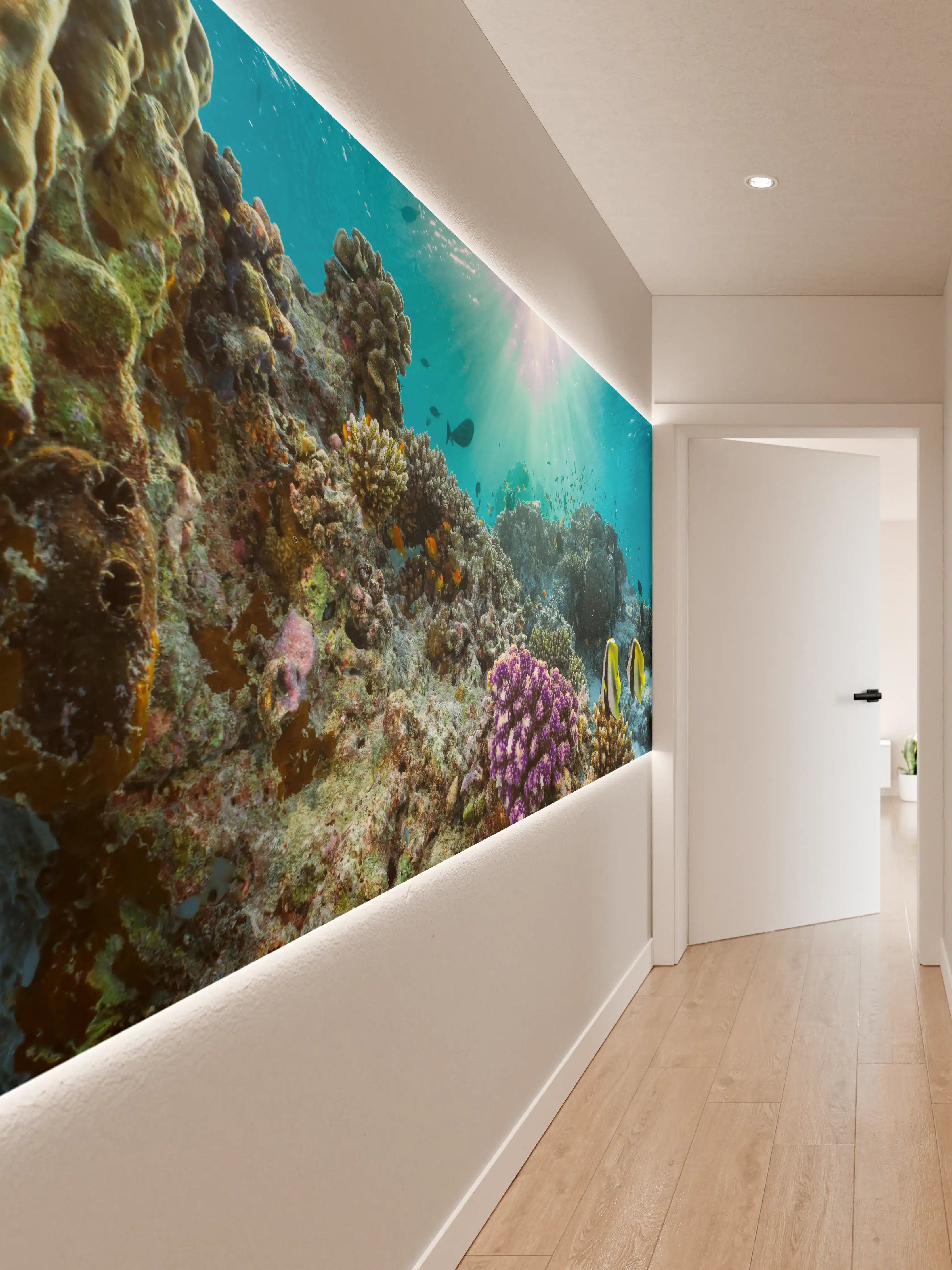 Wandverkleidung Flur - Graue Korallen und bunte Fische unter Wasser