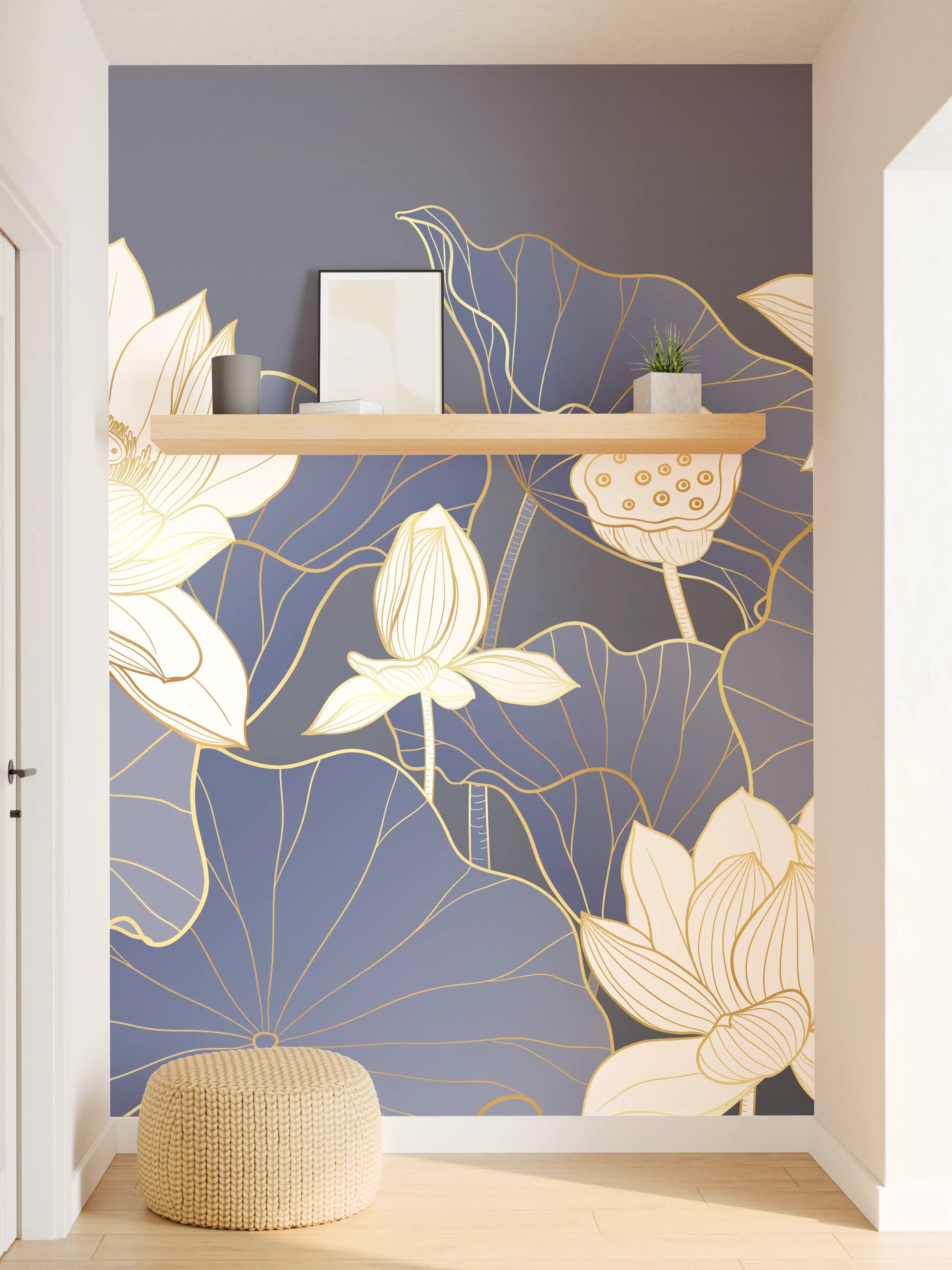 Wandverkleidung Flur - Graue Lotusblüten auf dunklem Grund