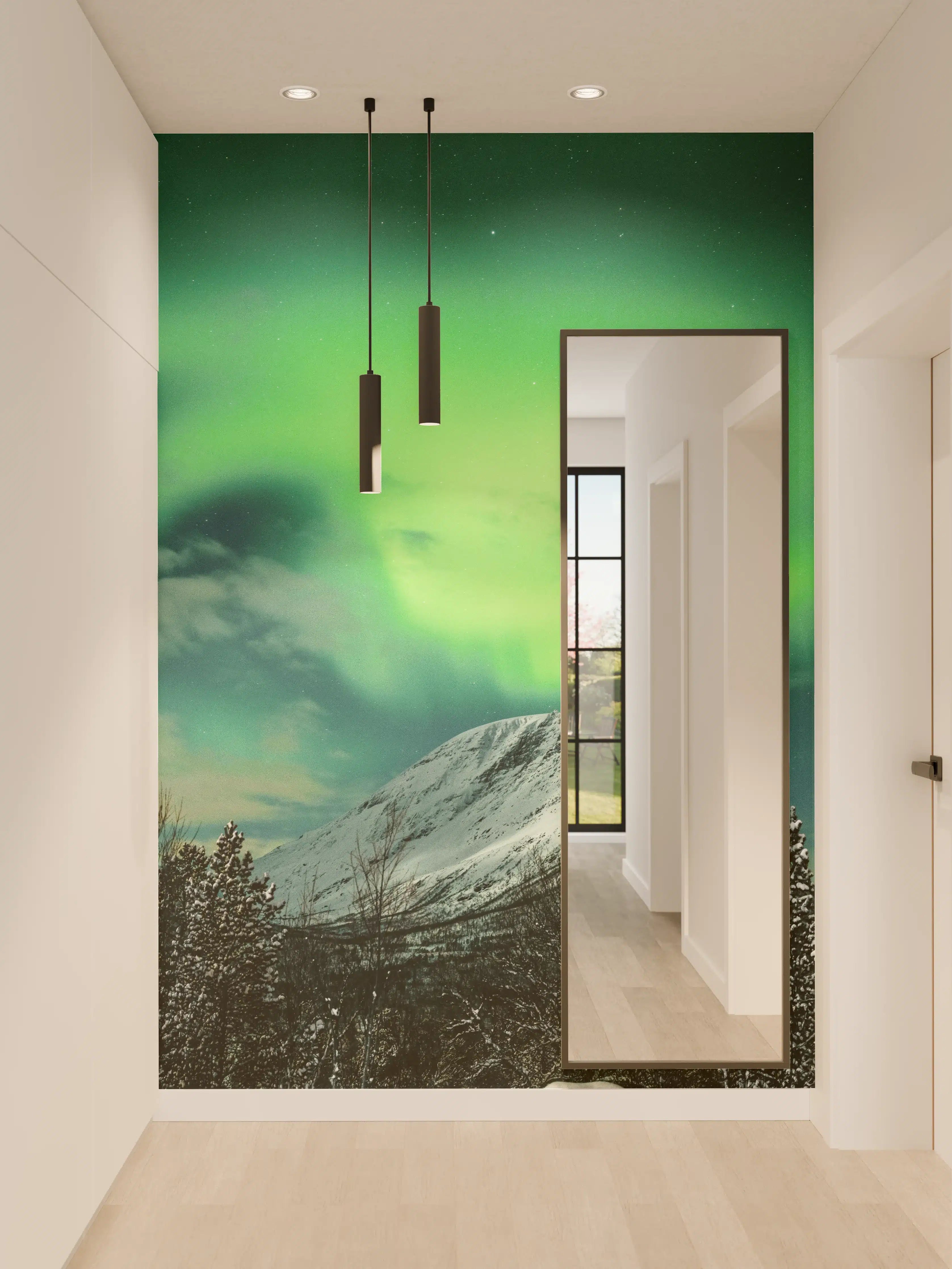 Wandverkleidung Flur - Graue Nordlichter über eisigen Gipfeln