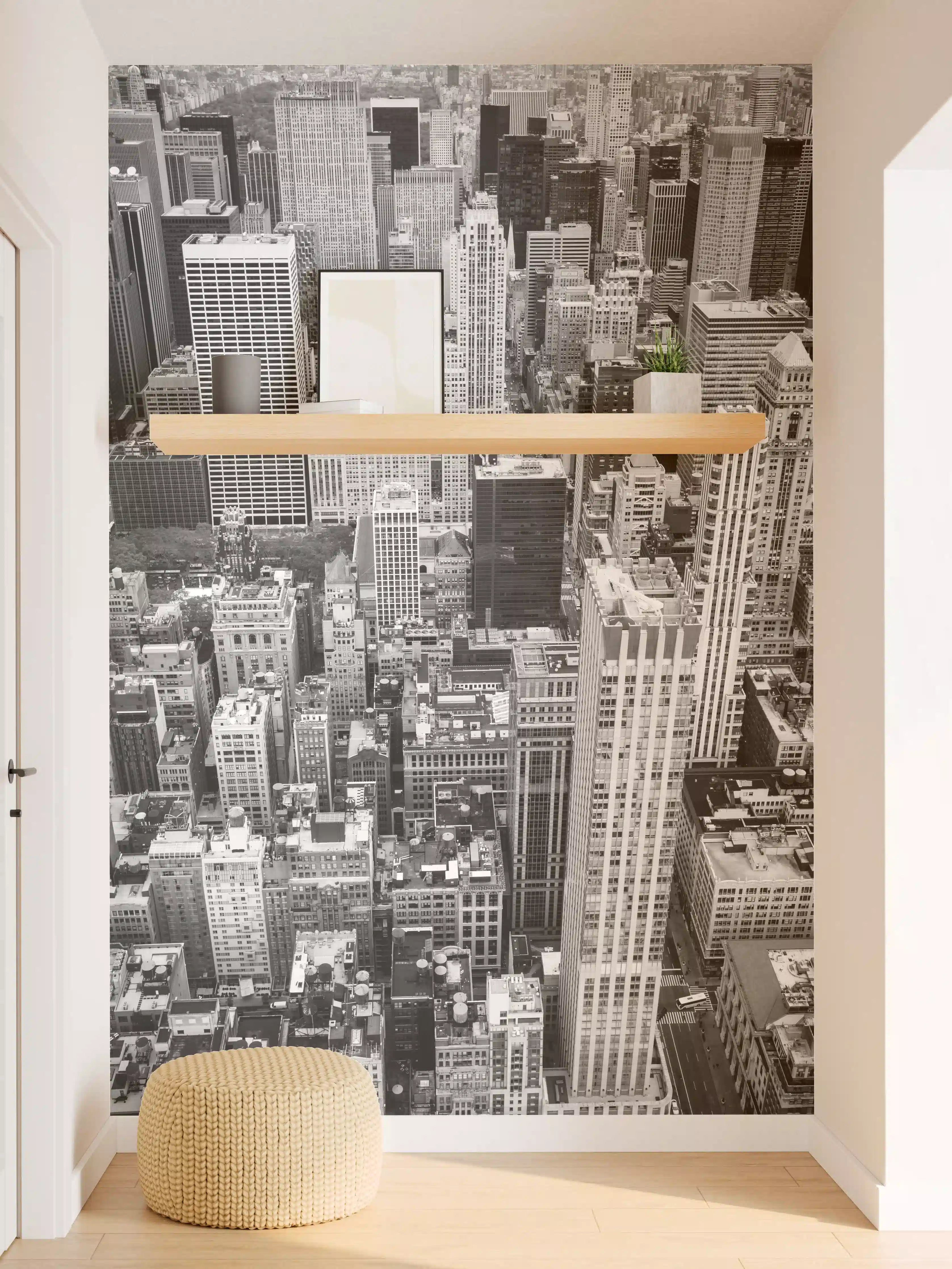 Wandverkleidung Flur - Graue Schatten: Urbane Skyline in Schwarz-Weiß