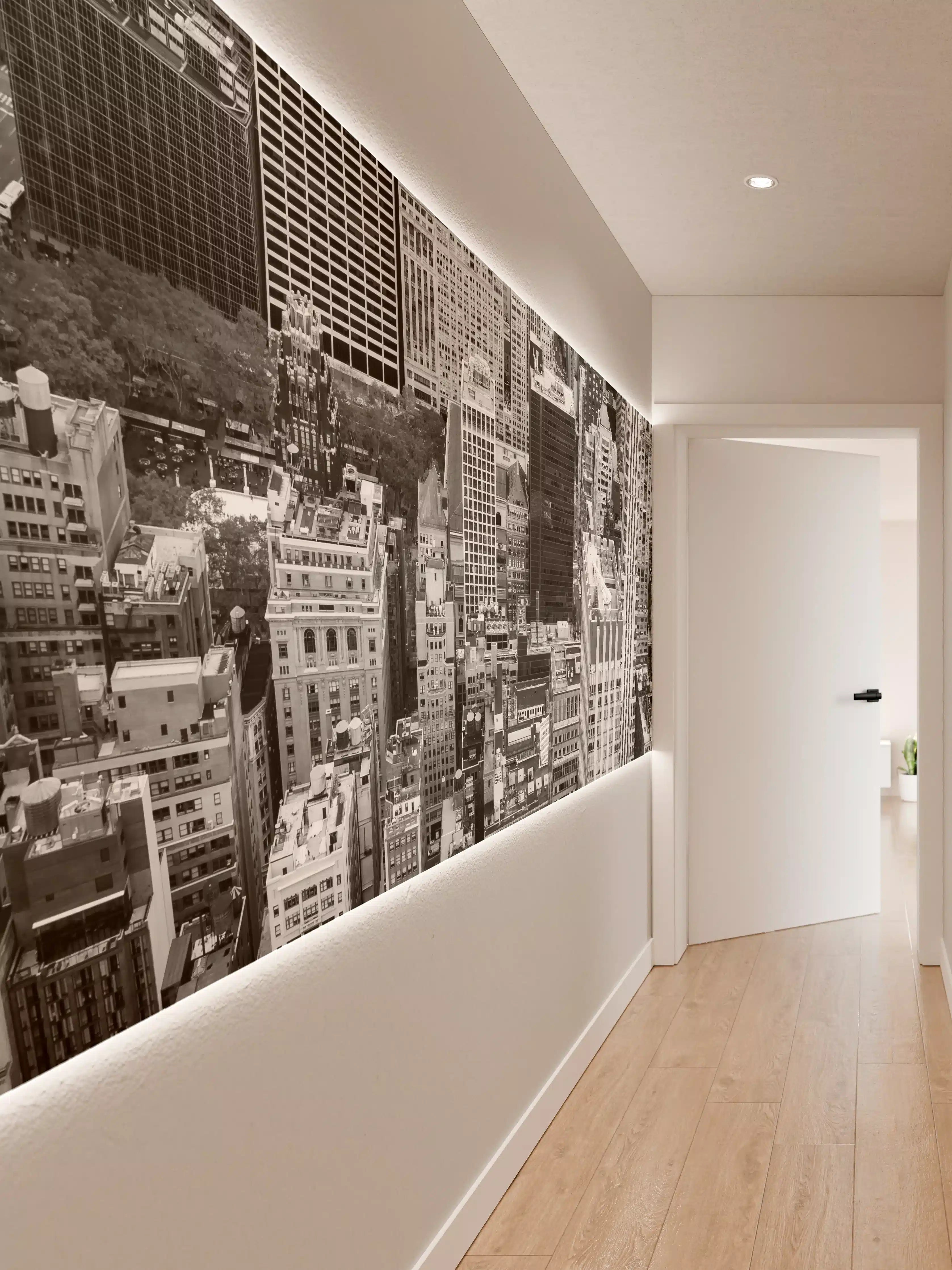 Wandverkleidung Flur - Graue Schatten: Urbane Skyline in Schwarz-Weiß