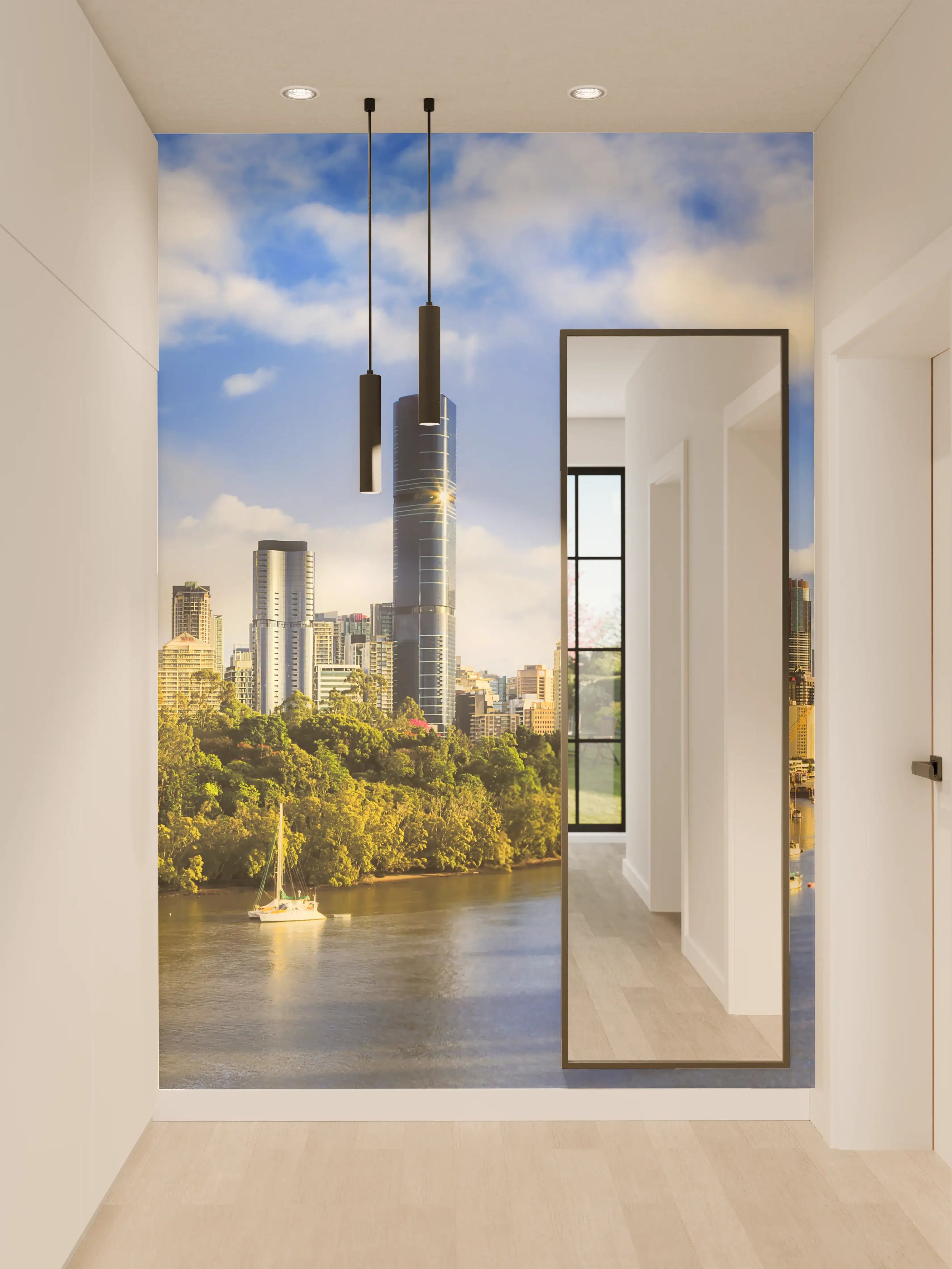 Wandverkleidung Flur - Graue Skyline im Sonnenlichtopp