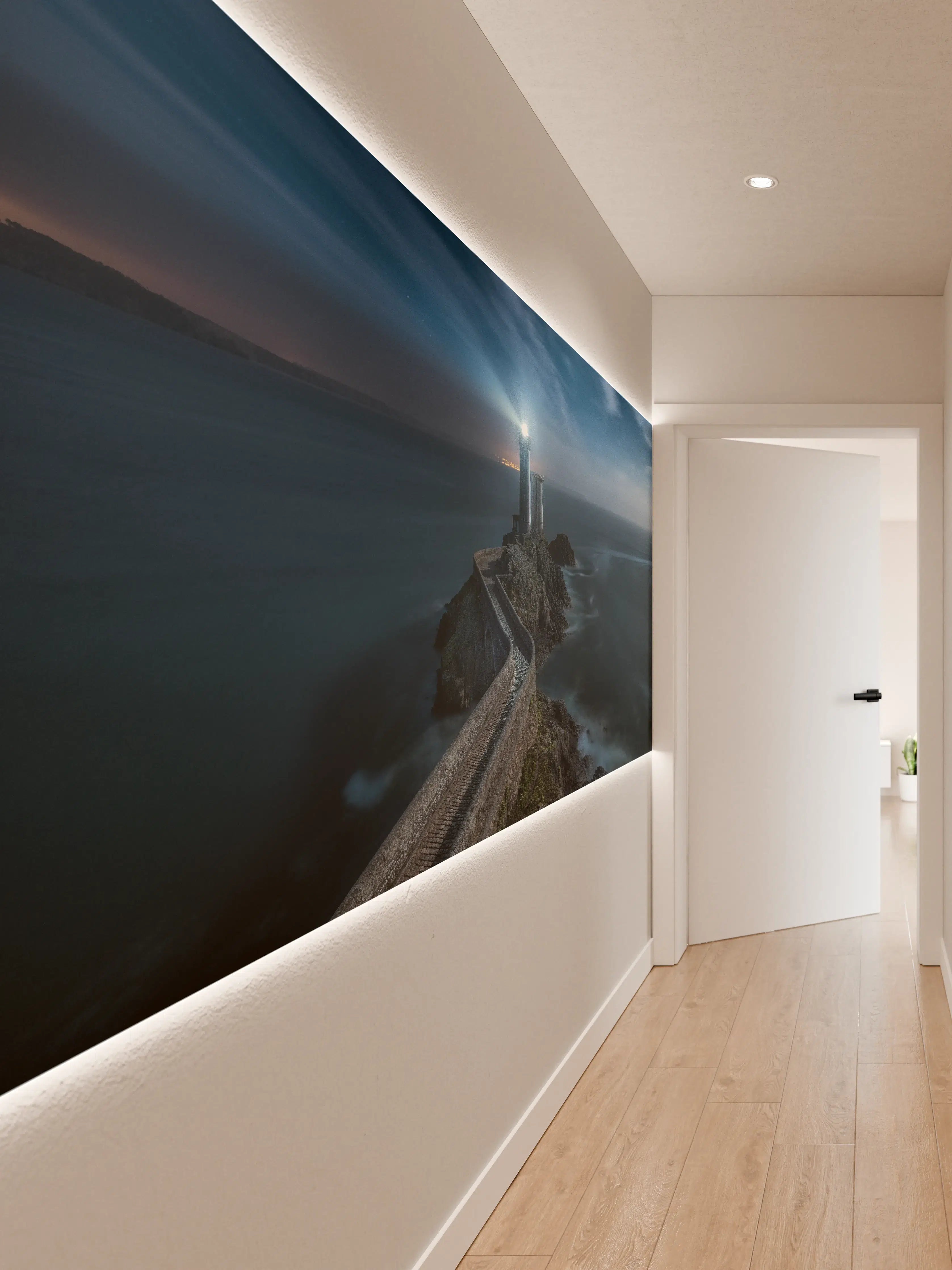 Wandverkleidung Flur - Grauer Leuchtturm im nächtlichen Meer