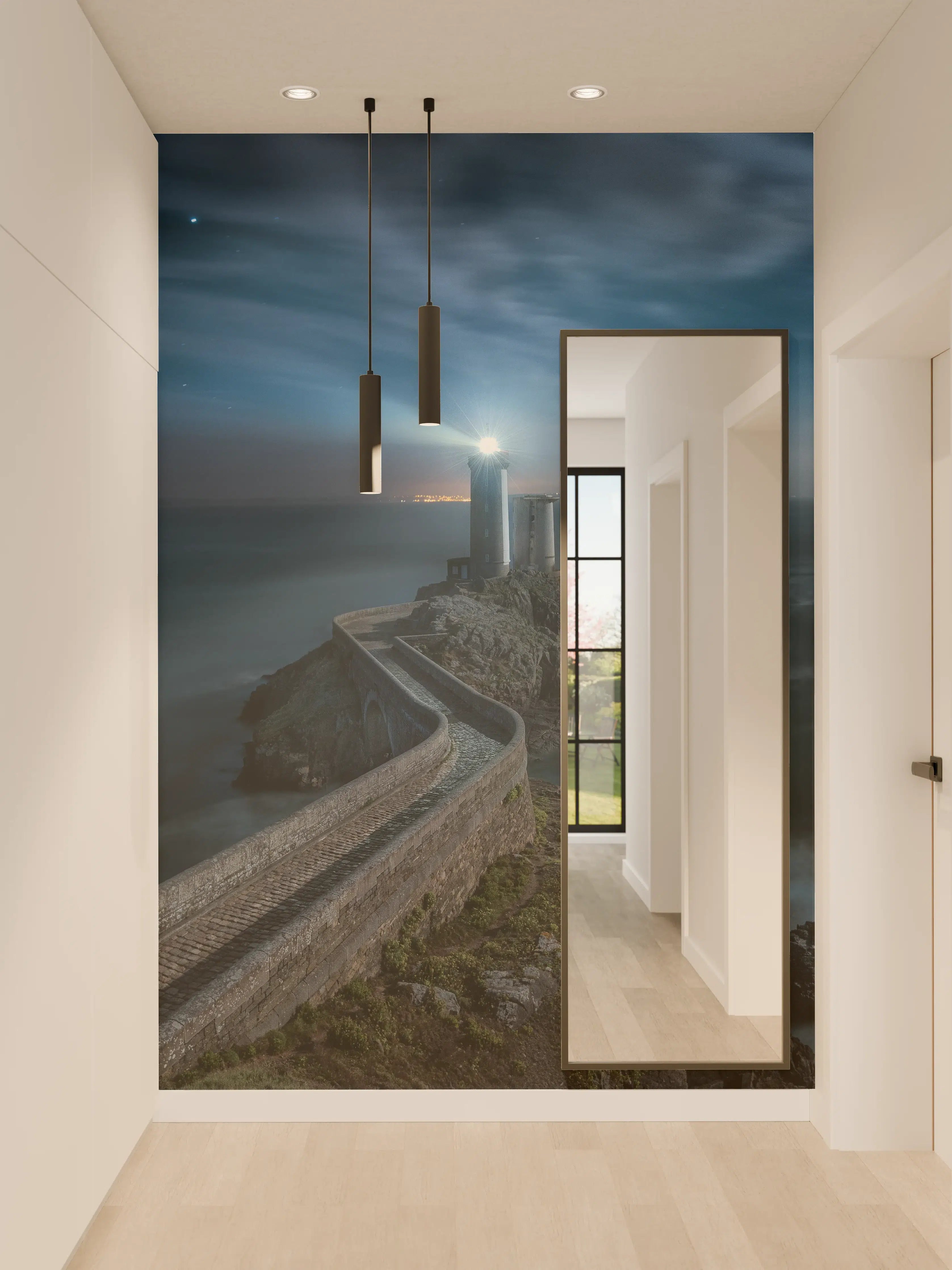 Wandverkleidung Flur - Grauer Leuchtturm im nächtlichen Meer