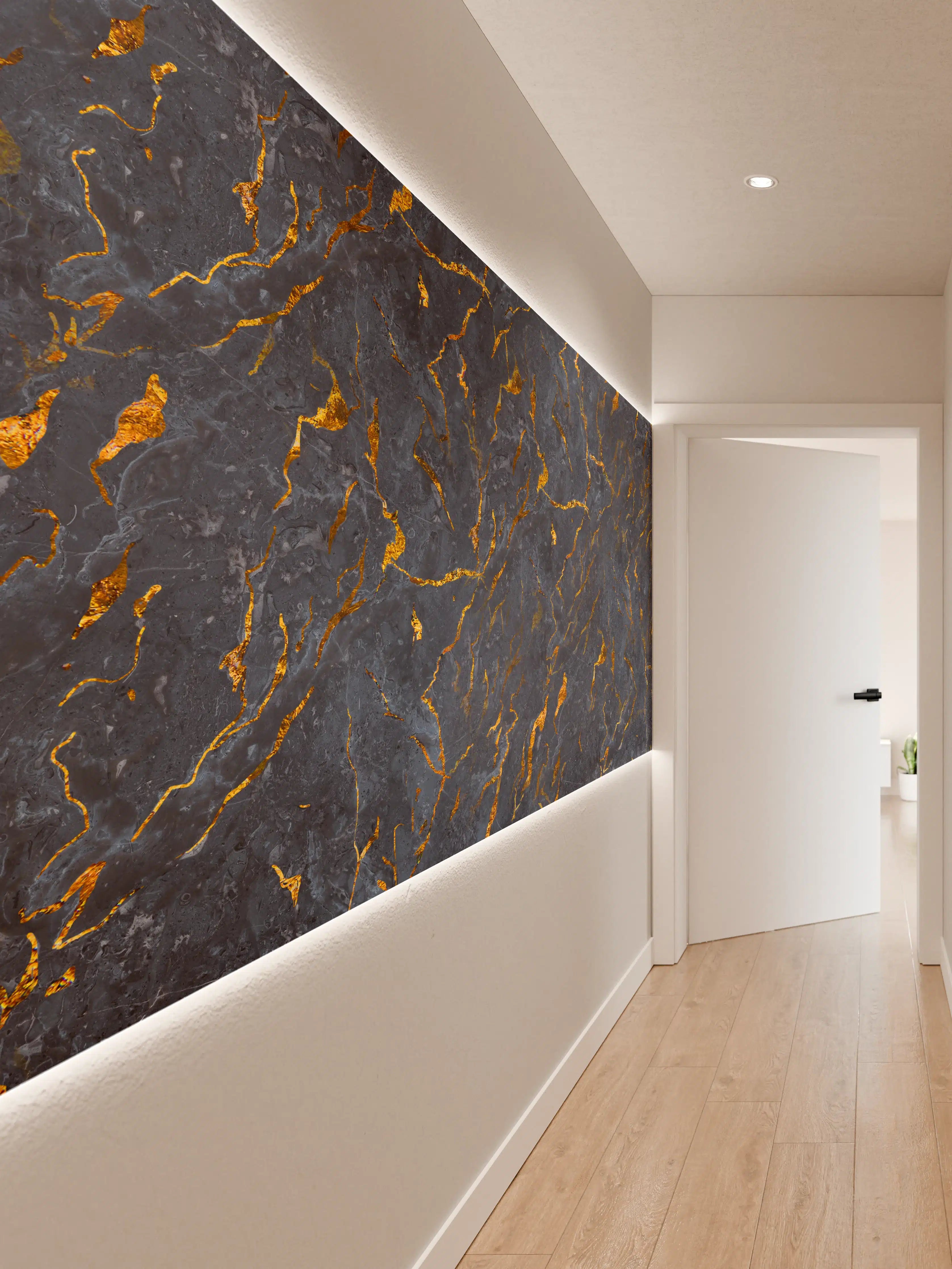 Wandverkleidung Flur - Grauer Marmor mit goldenen Details