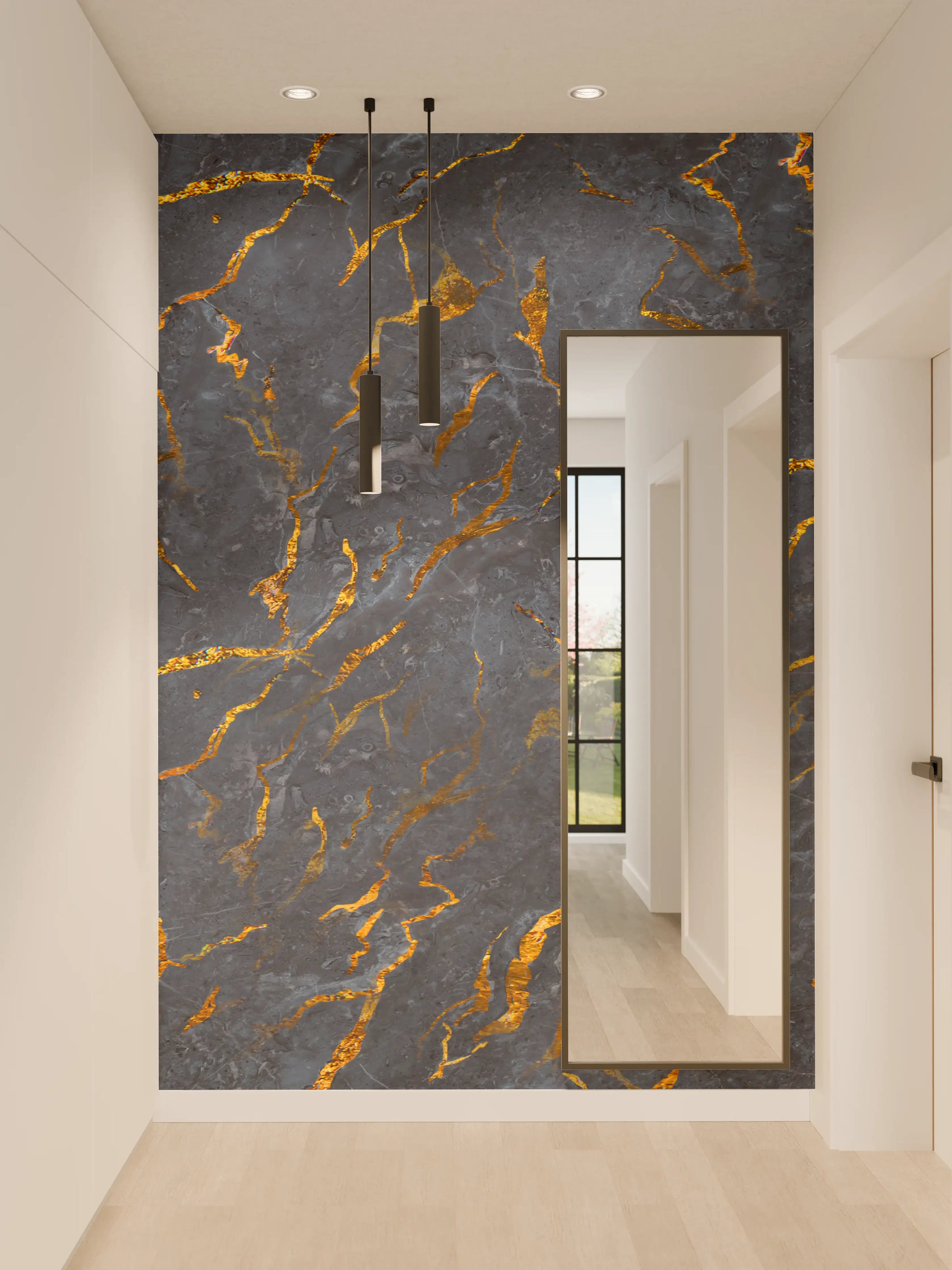 Wandverkleidung Flur - Grauer Marmor mit goldenen Details