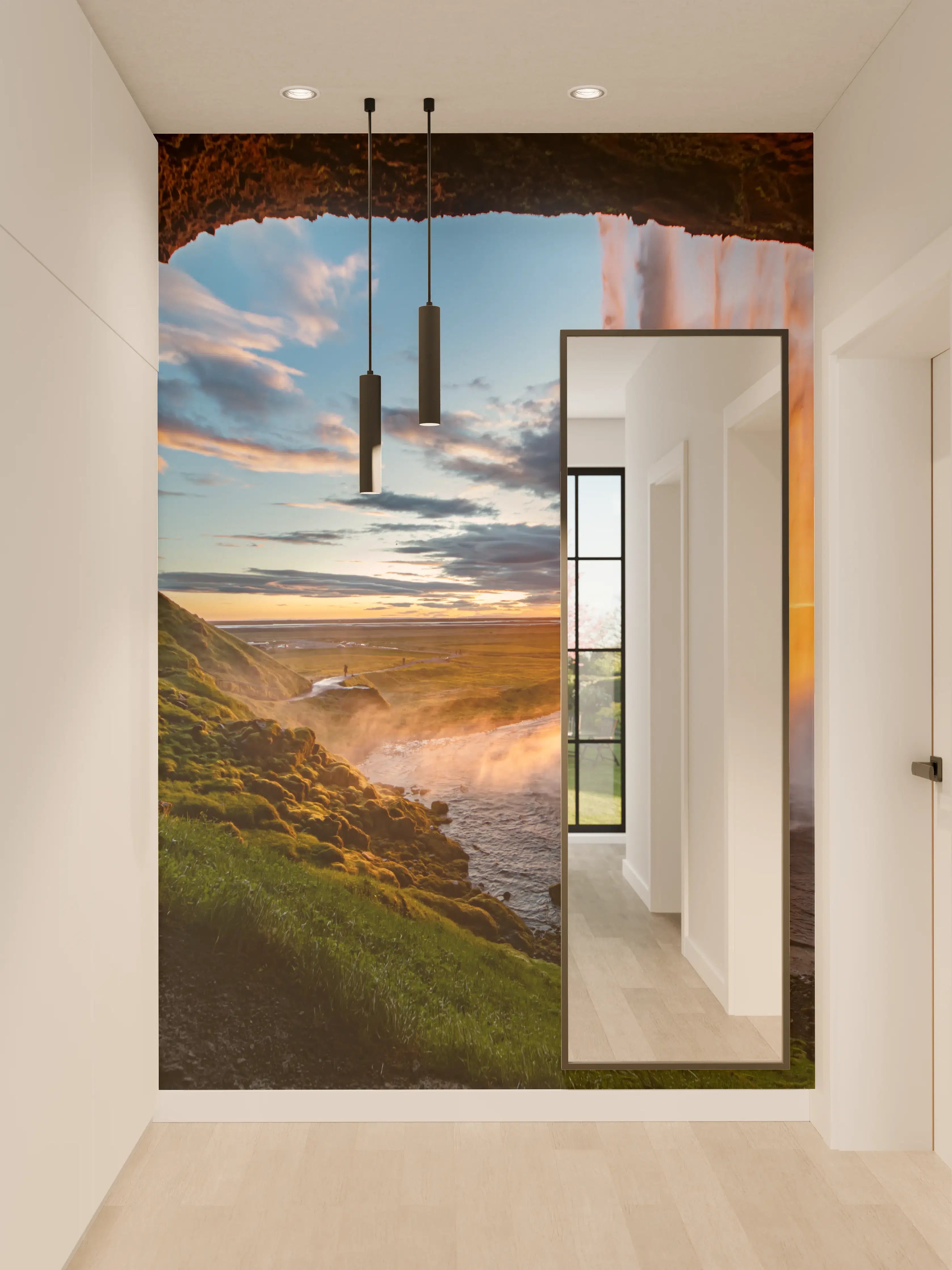 Wandverkleidung Flur - Grauer Wasserfall im Goldlicht