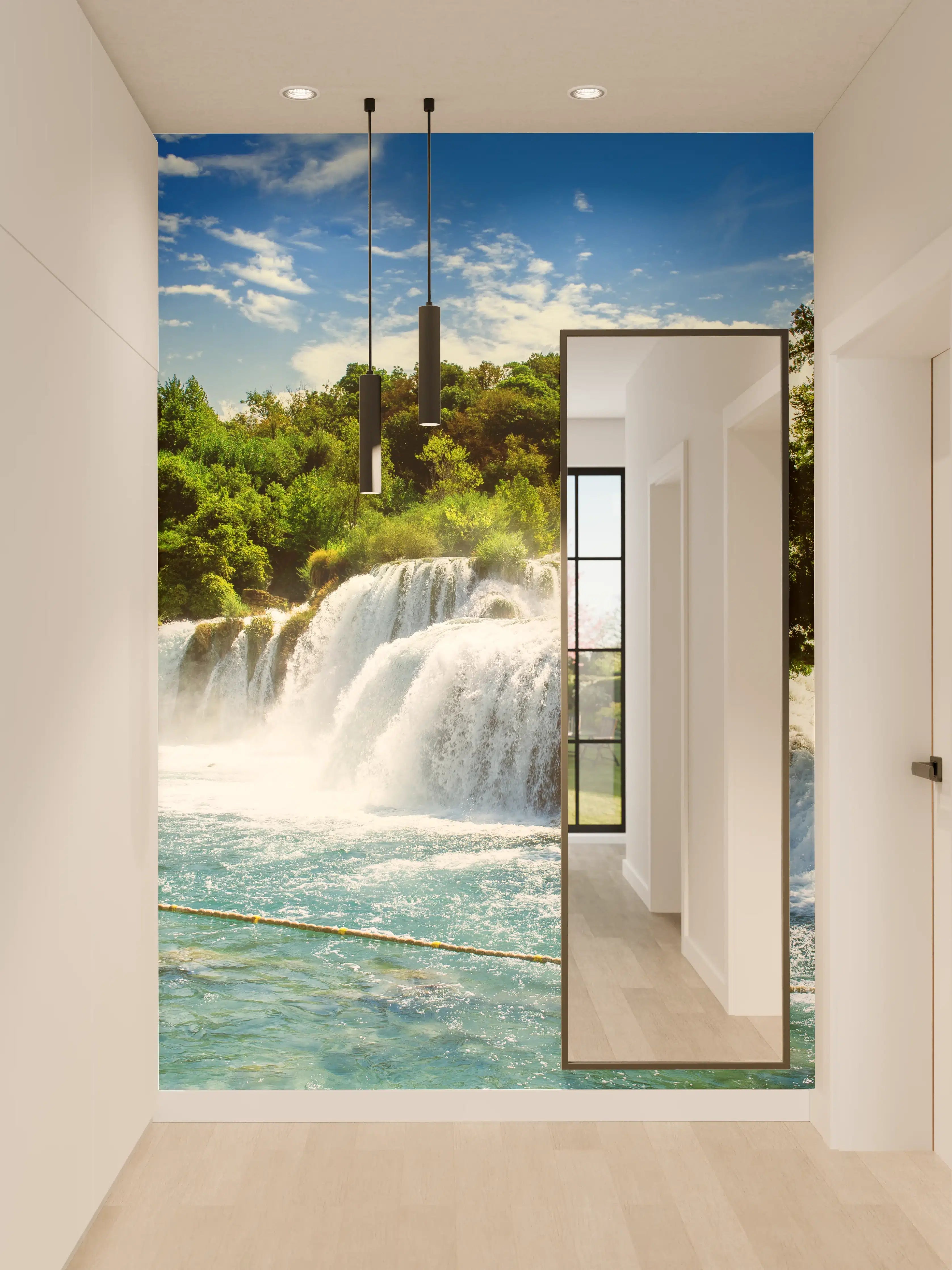 Wandverkleidung Flur - Grauer Wasserfall im grünen Licht