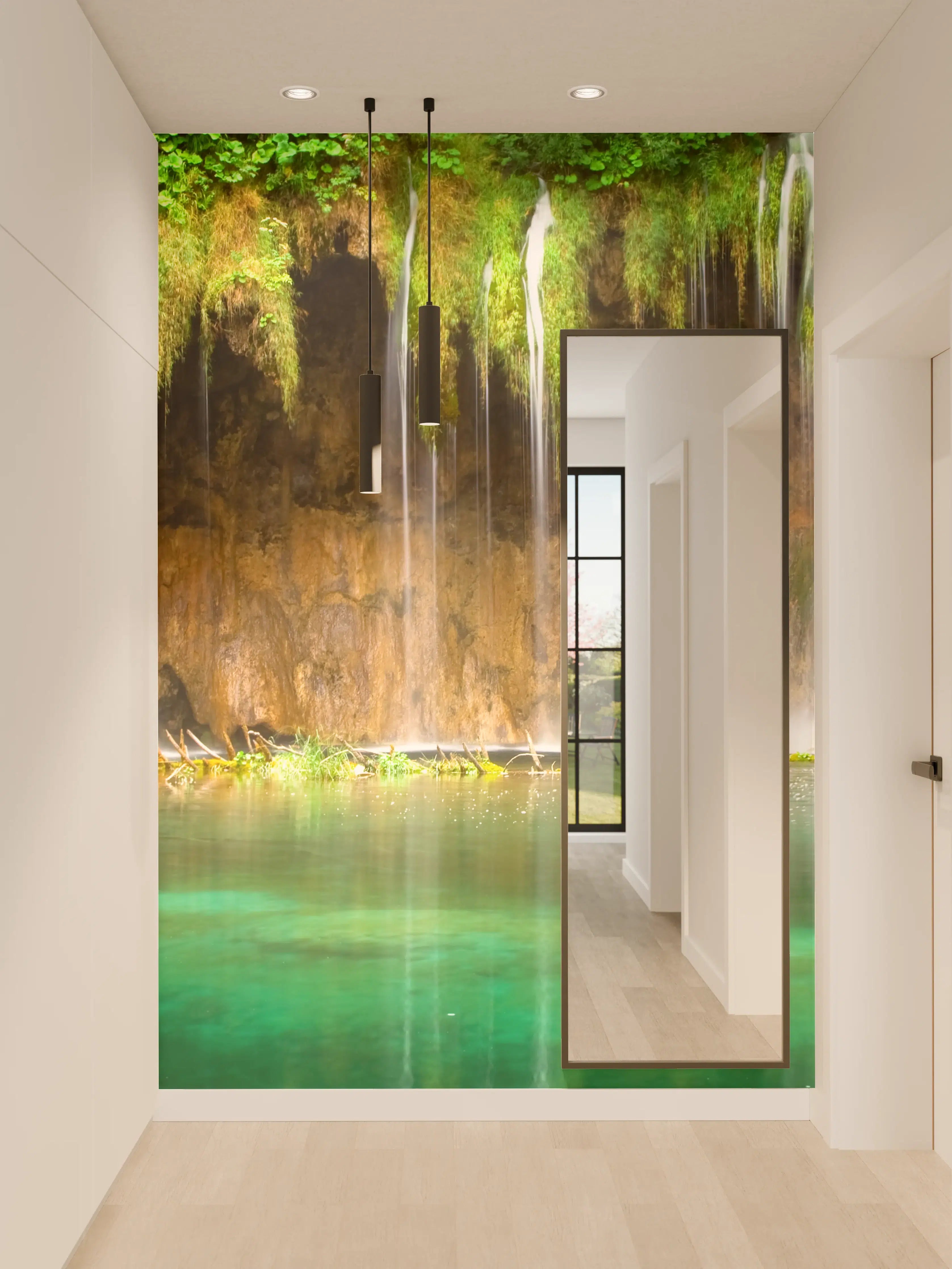 Wandverkleidung Flur - Grauer Wasserfall im lichthaften Grün