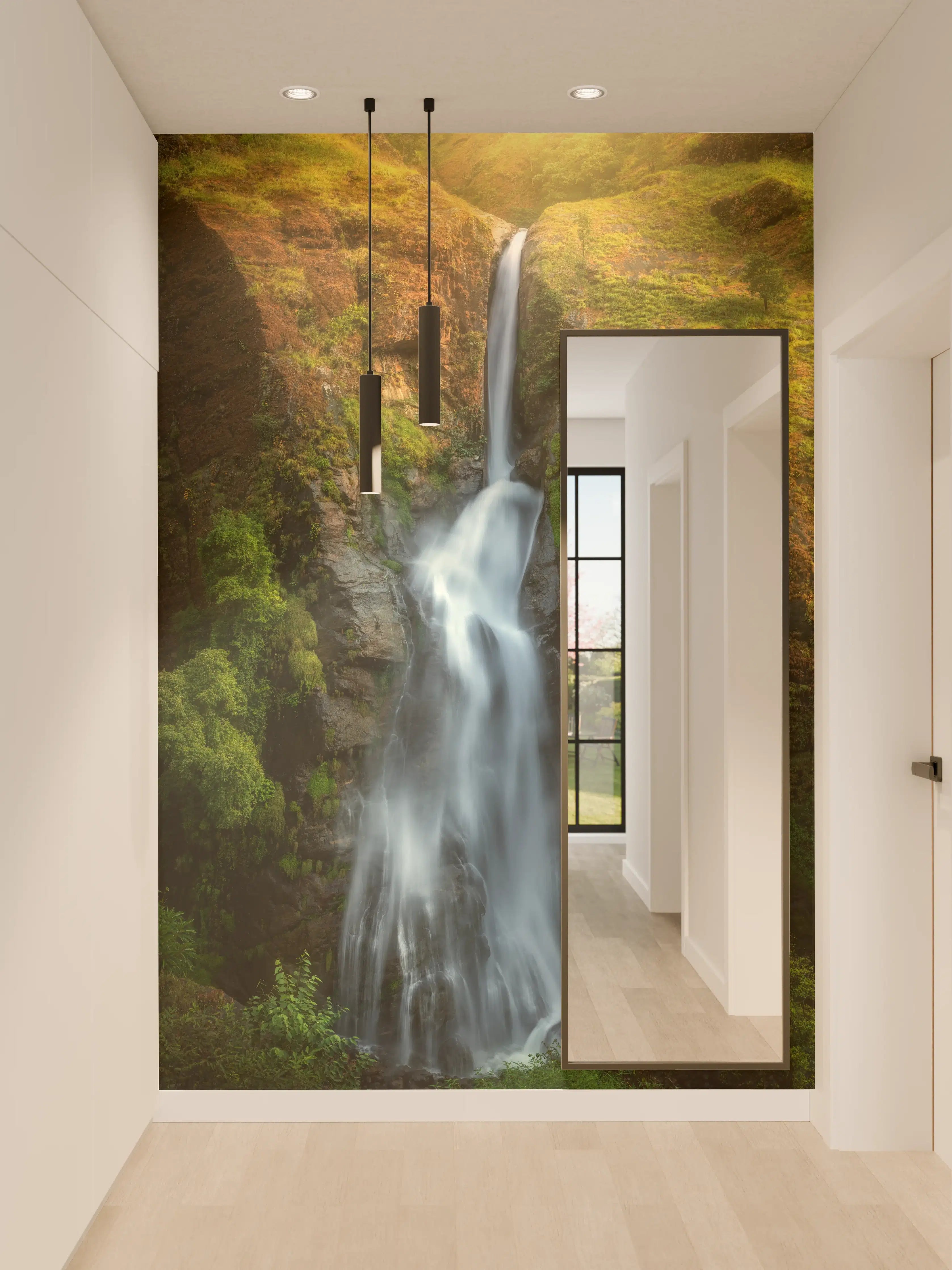 Wandverkleidung Flur - Grauer Wasserfall im satten Grün