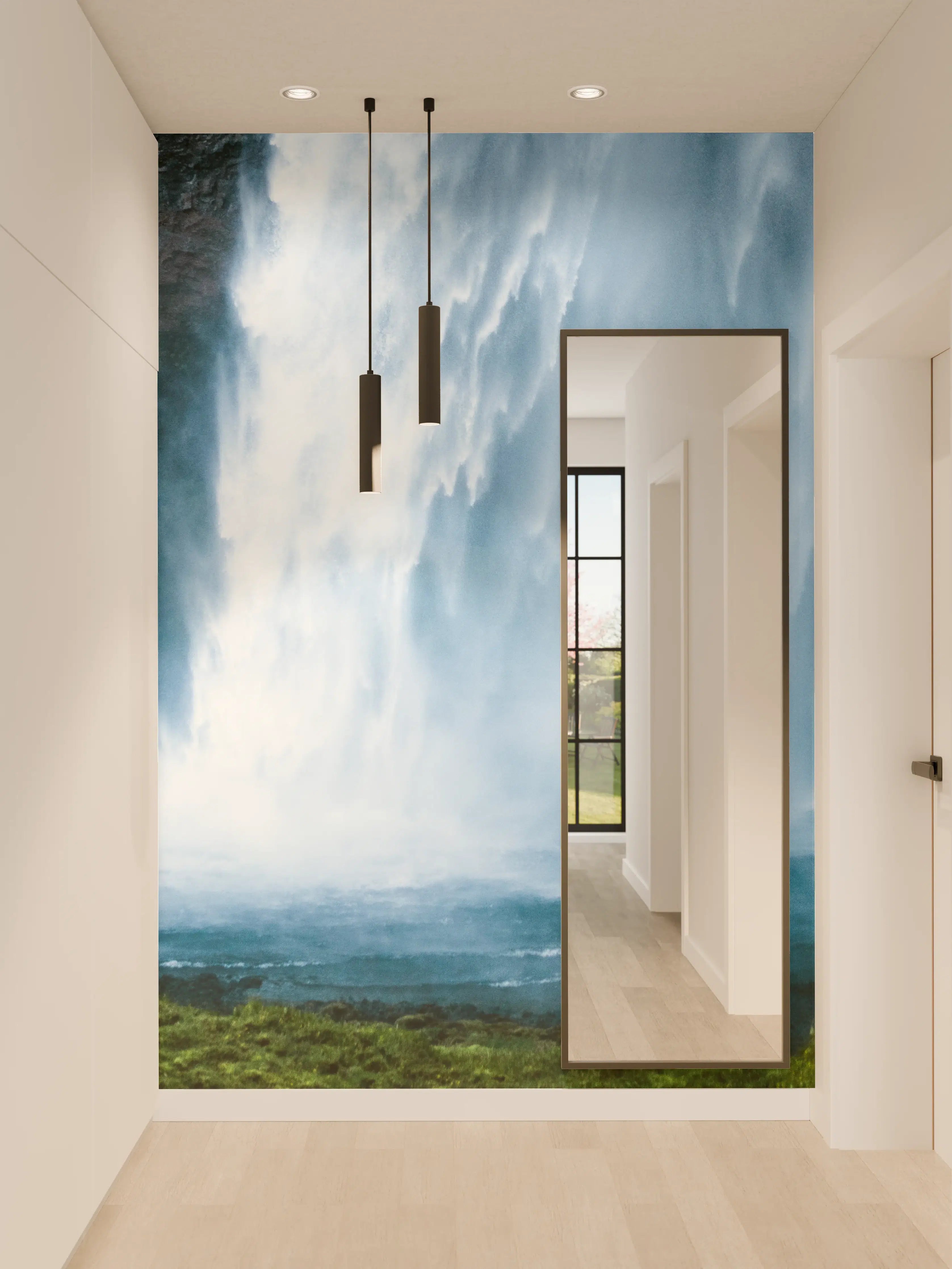 Wandverkleidung Flur - Grauer Wasserfall im weißen Dunst
