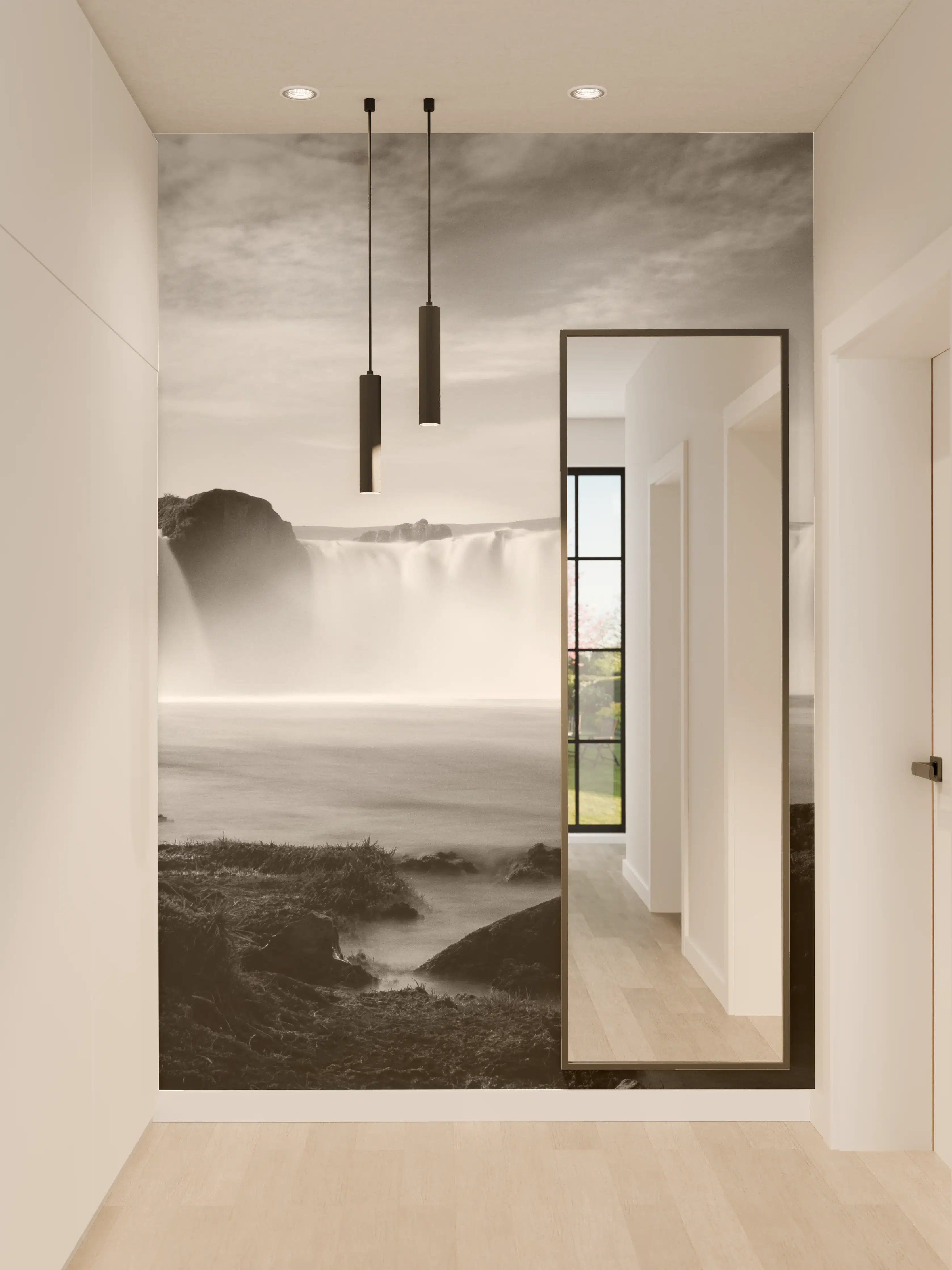 Wandverkleidung Flur - Grauer Wasserfall in Schwarz-Weiß-Optik