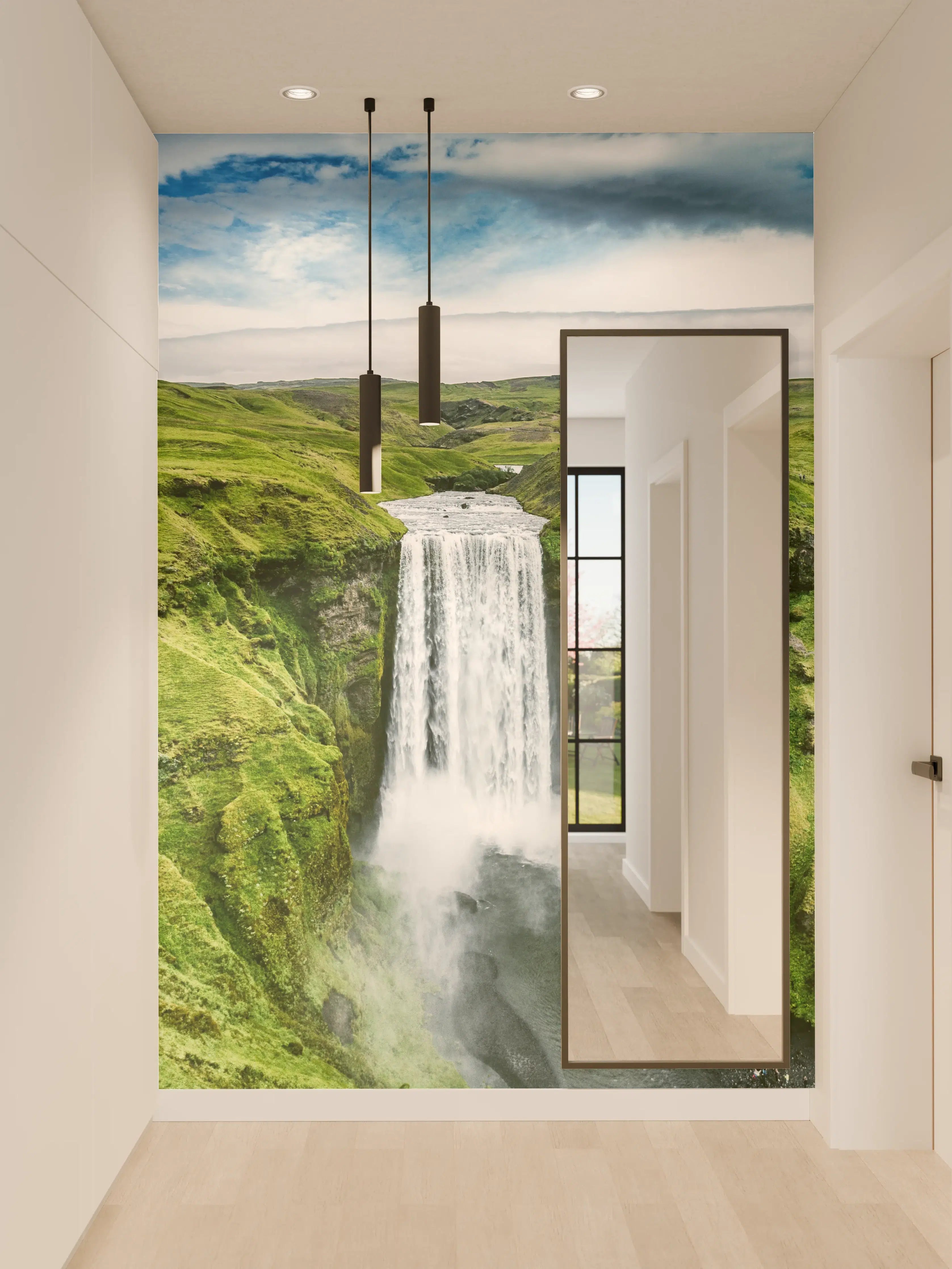 Wandverkleidung Flur - Grauer Wasserfall in grüner Landschaft