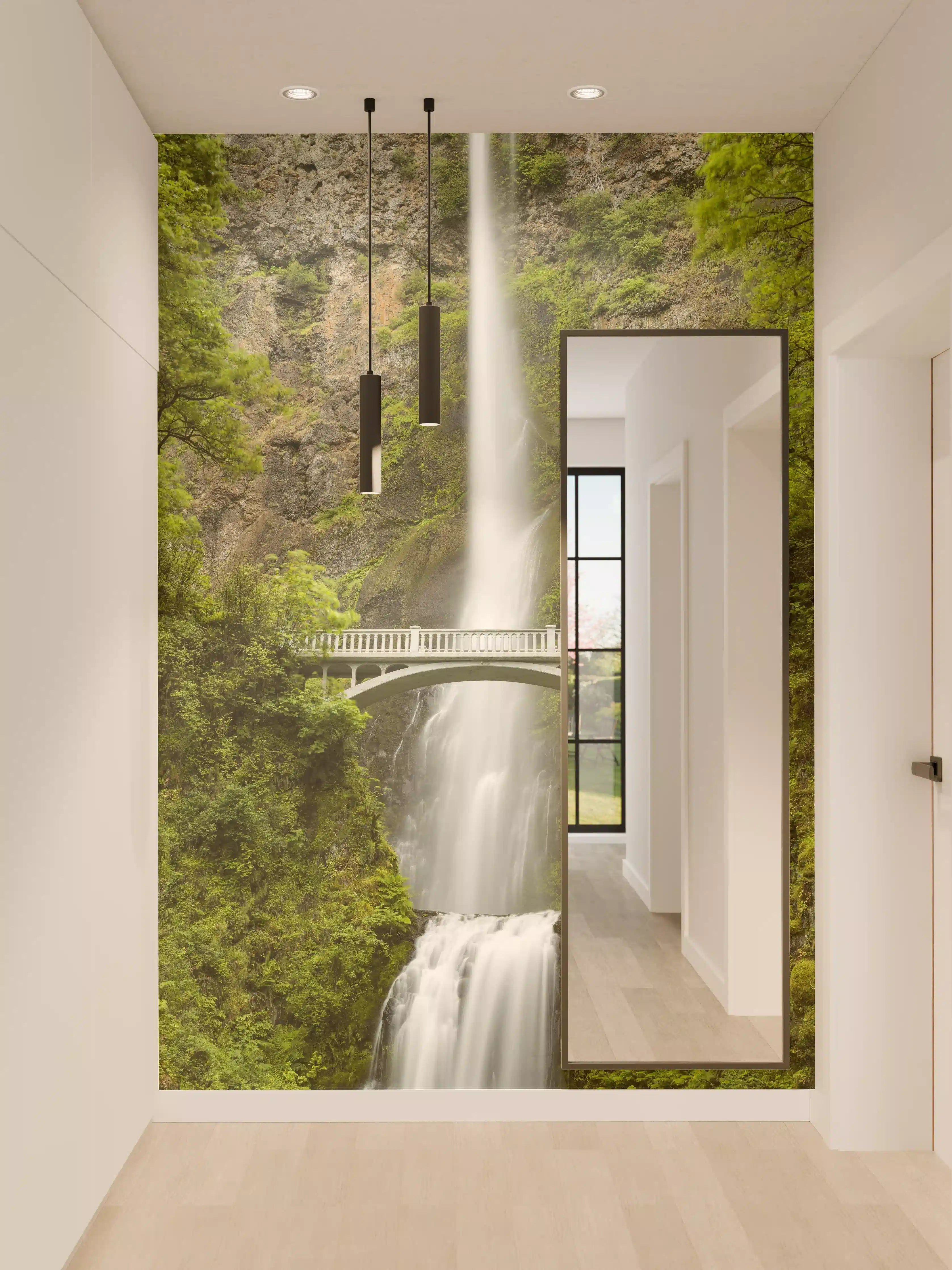 Wandverkleidung Flur - Grauer Wasserfall mit Brücke im Nebel