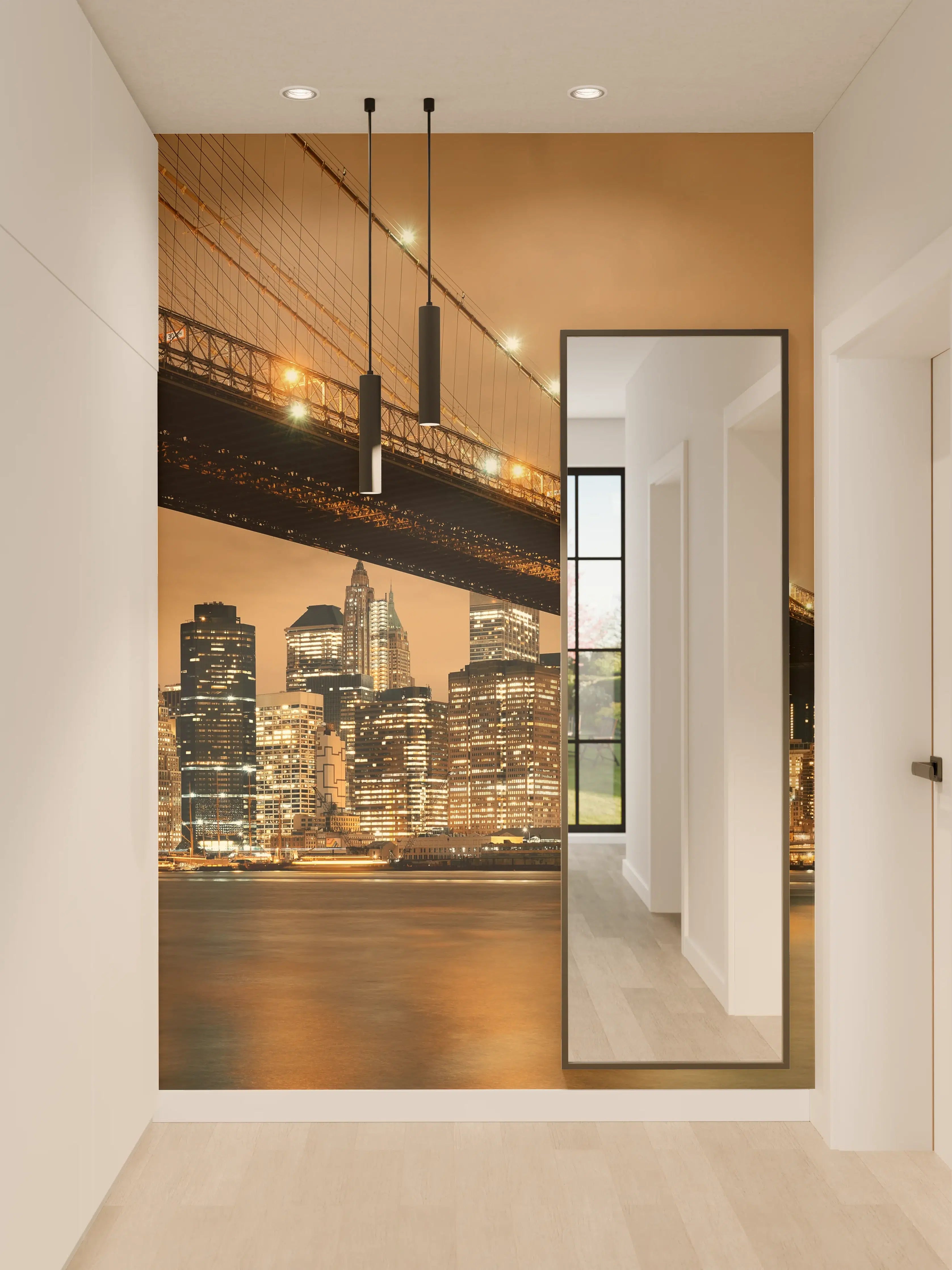 Wandverkleidung Flur - Grauwe Silhouette der Brooklyn Bridge bei Nacht