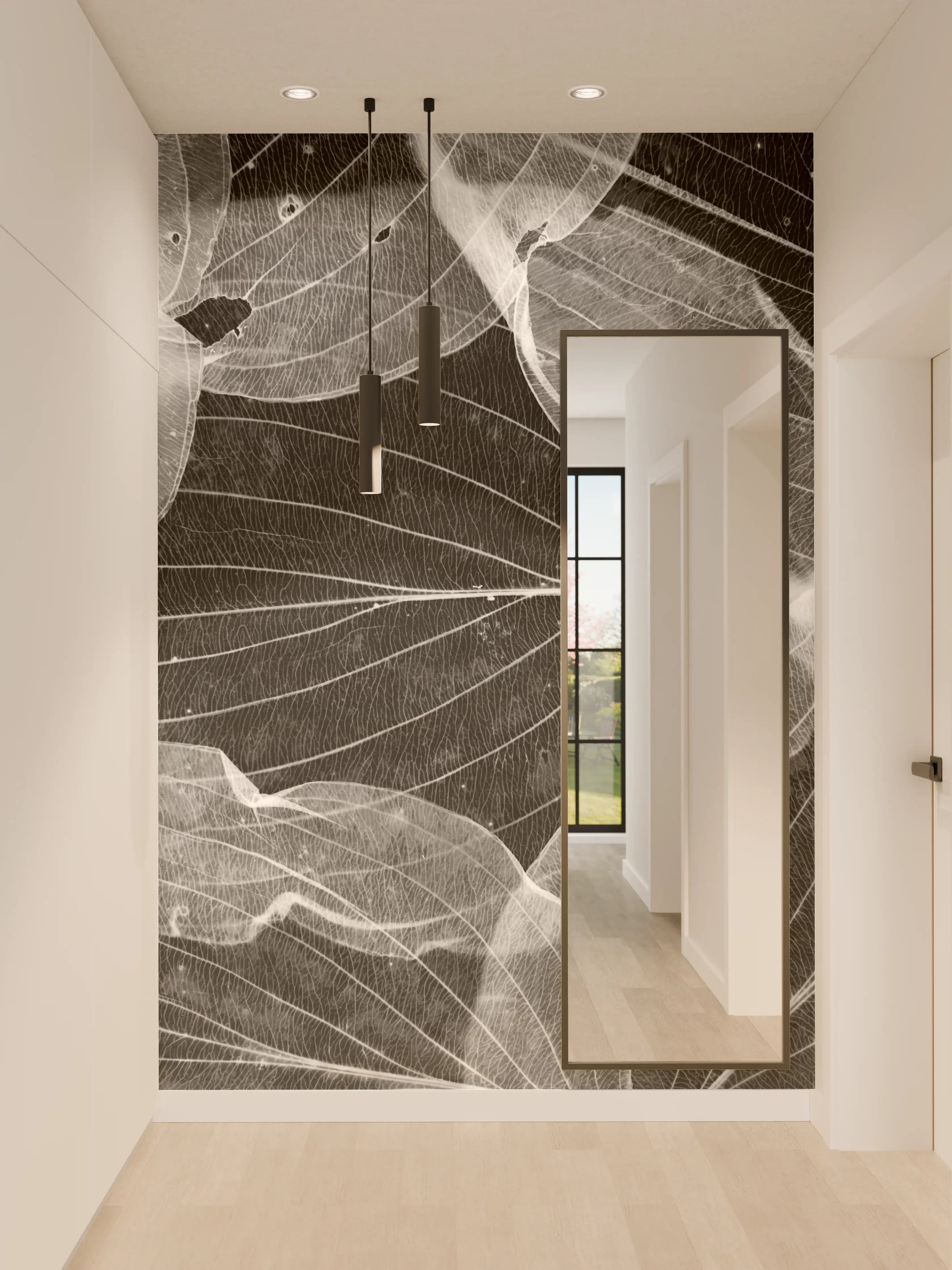 Wandverkleidung Flur - Grauzarte Blätter in Schwarzweiß