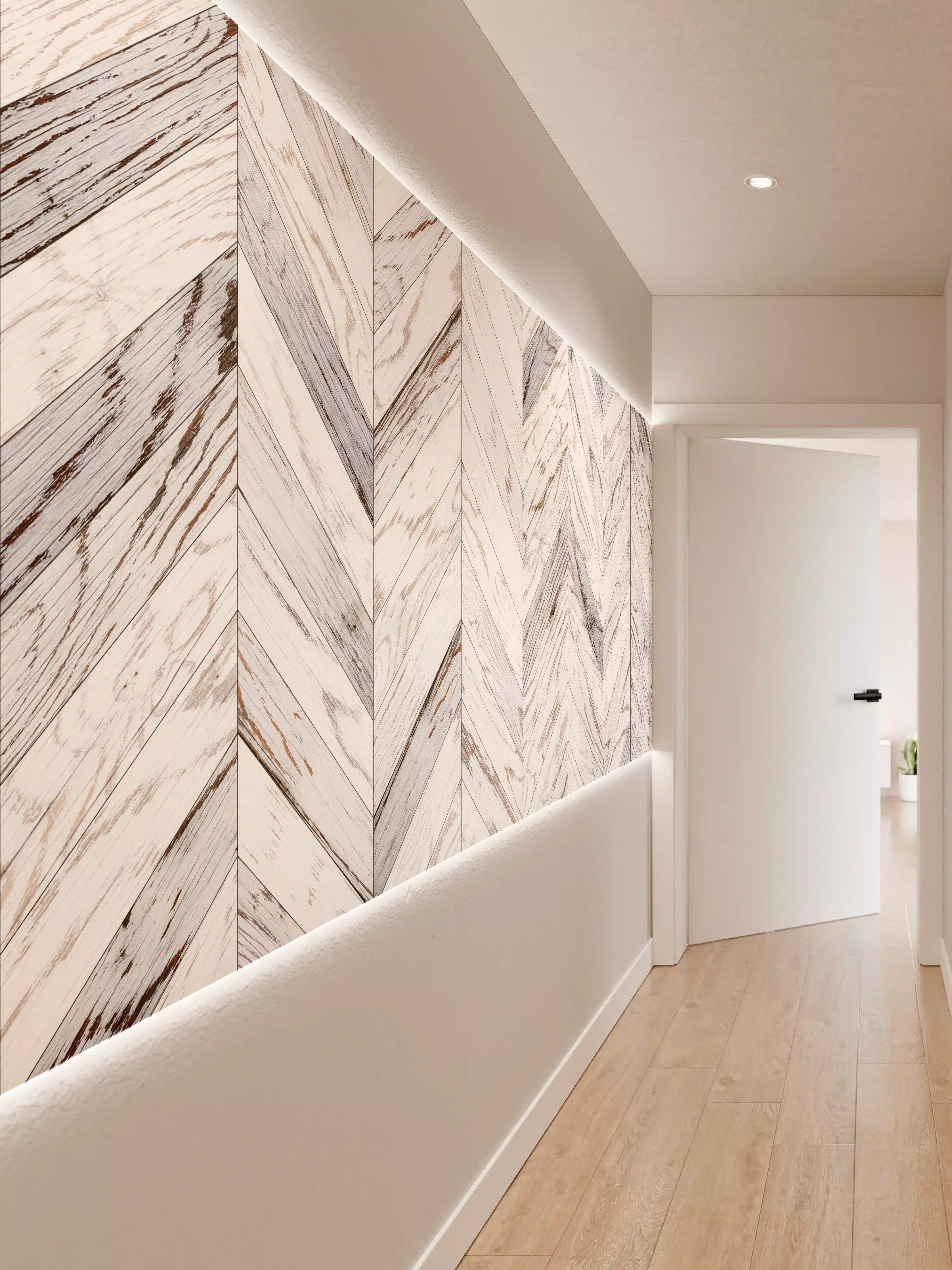 Wandverkleidung Flur - Helle, elegante Fliesen im Herringbone-Muster