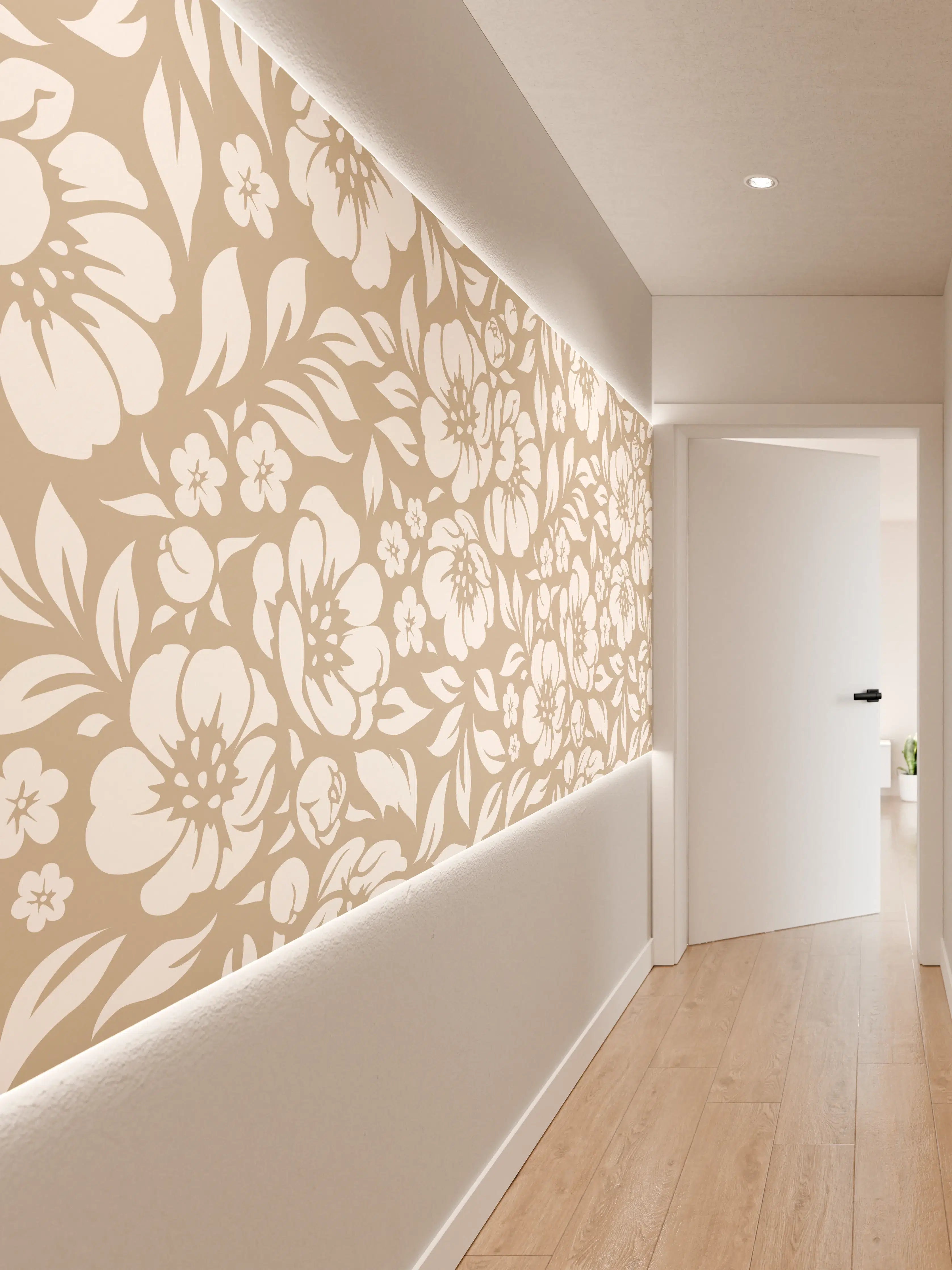 Wandverkleidung Flur - Helle, florale Musterung in Beige und Weiß