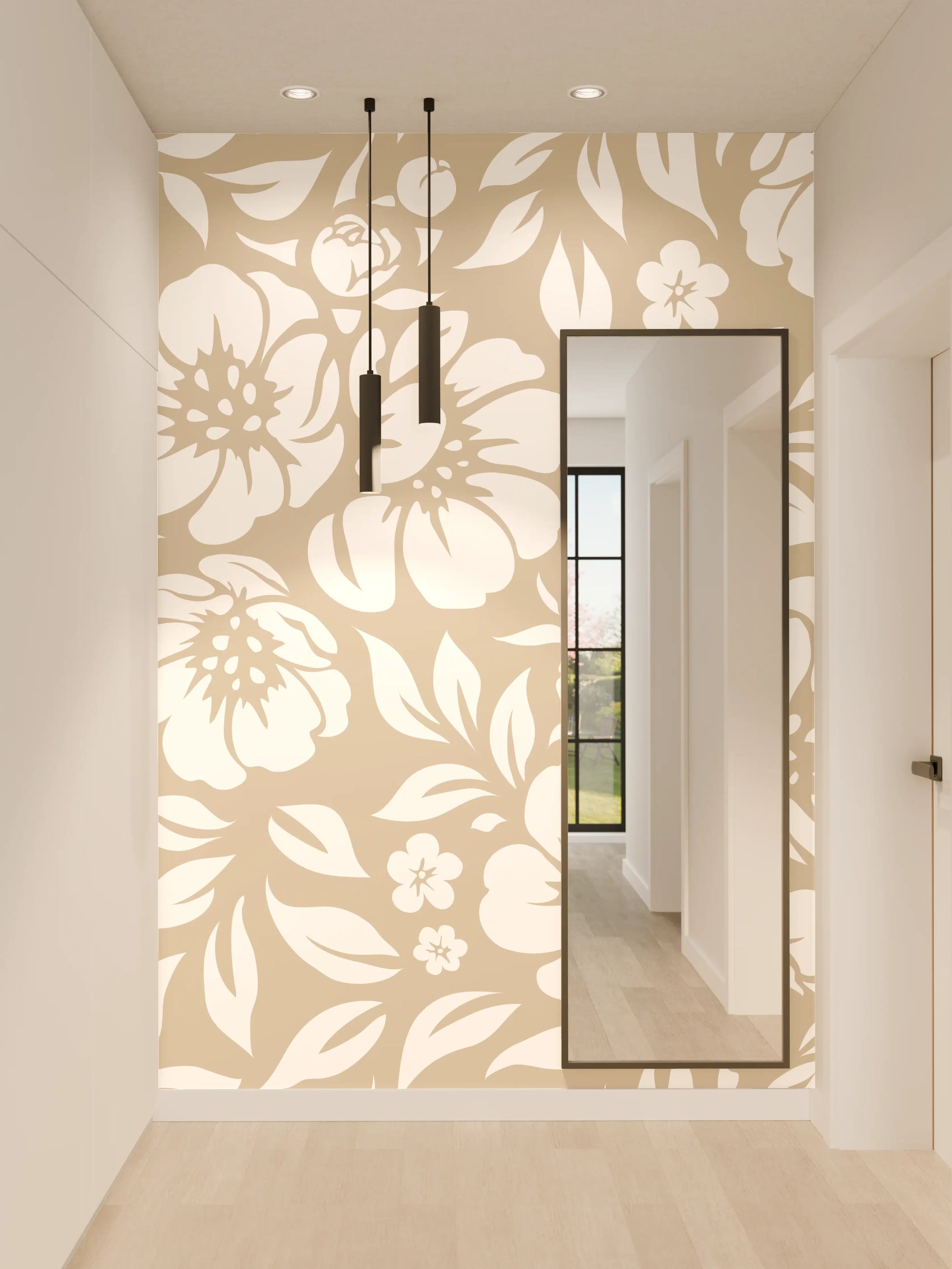 Wandverkleidung Flur - Helle, florale Musterung in Beige und Weiß