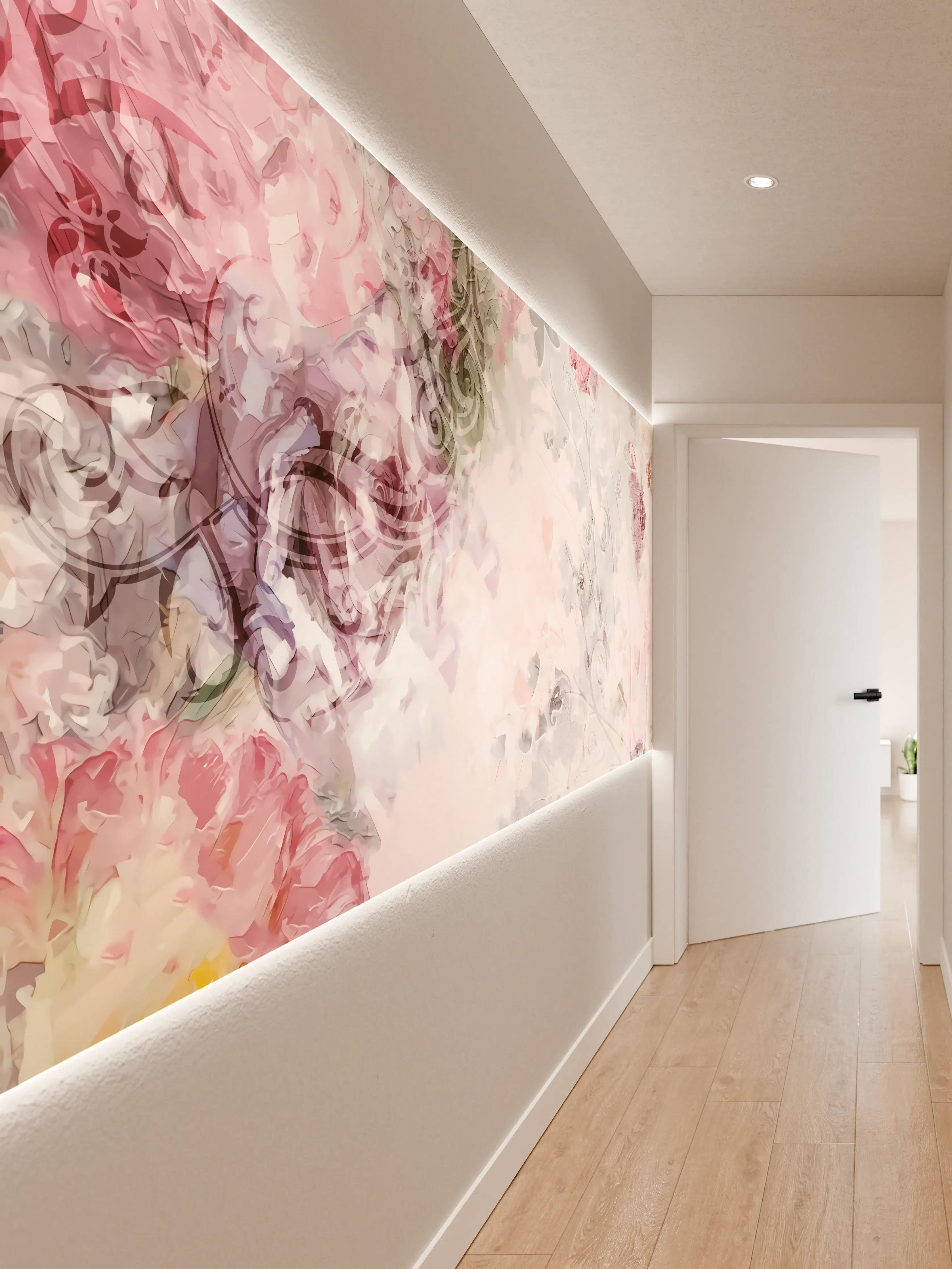Wandverkleidung Flur - Heller Blütendruck mit zarten Farben