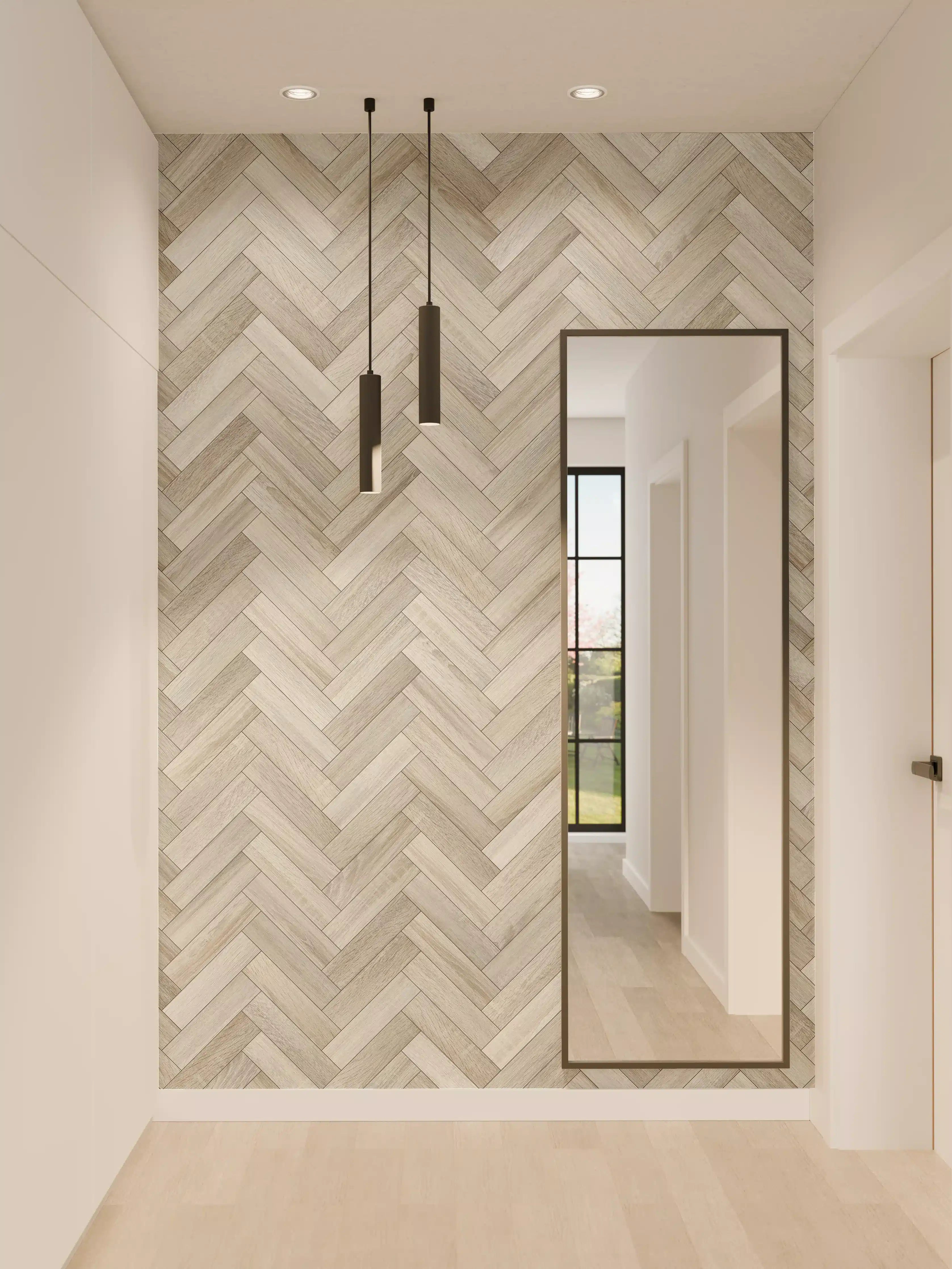 Wandverkleidung Flur - Heller Holzboden im Herringbone-Design