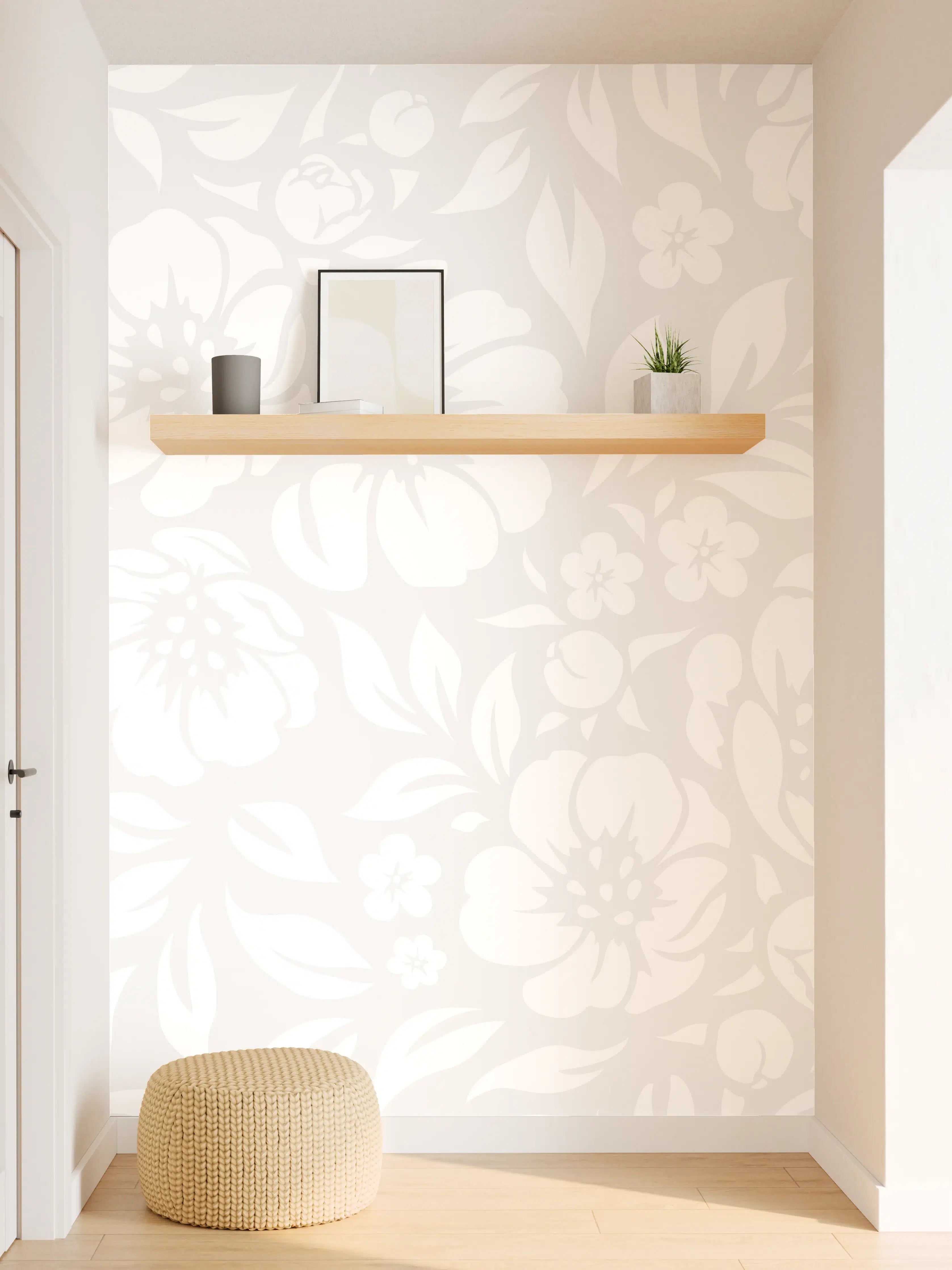 Wandverkleidung Flur - Heller floraler Hintergrund in Grautönen