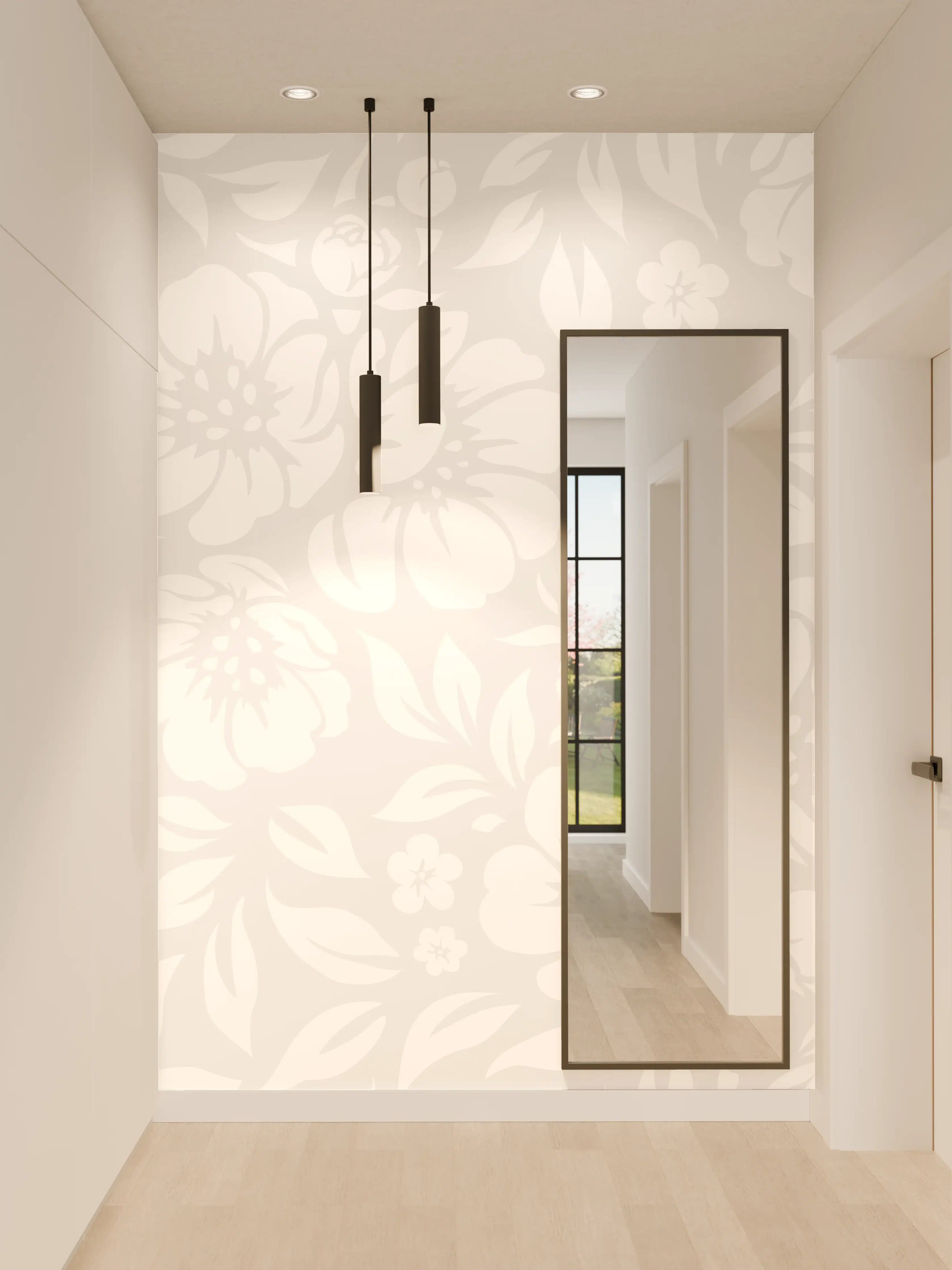 Wandverkleidung Flur - Heller floraler Hintergrund in Grautönen