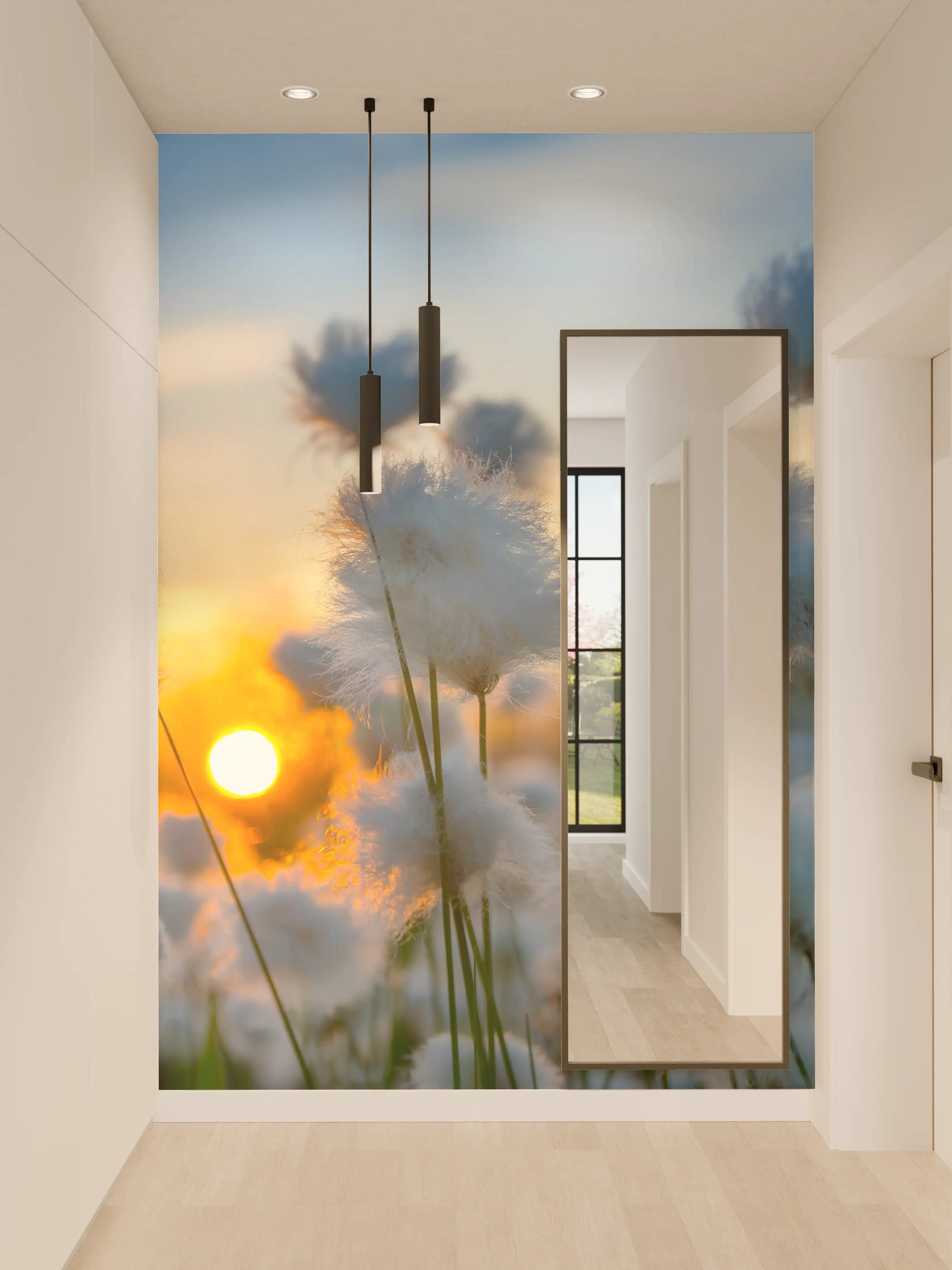 Wandverkleidung Flur - Helles Naturbild mit Baumwollblumen und Sonnenuntergang