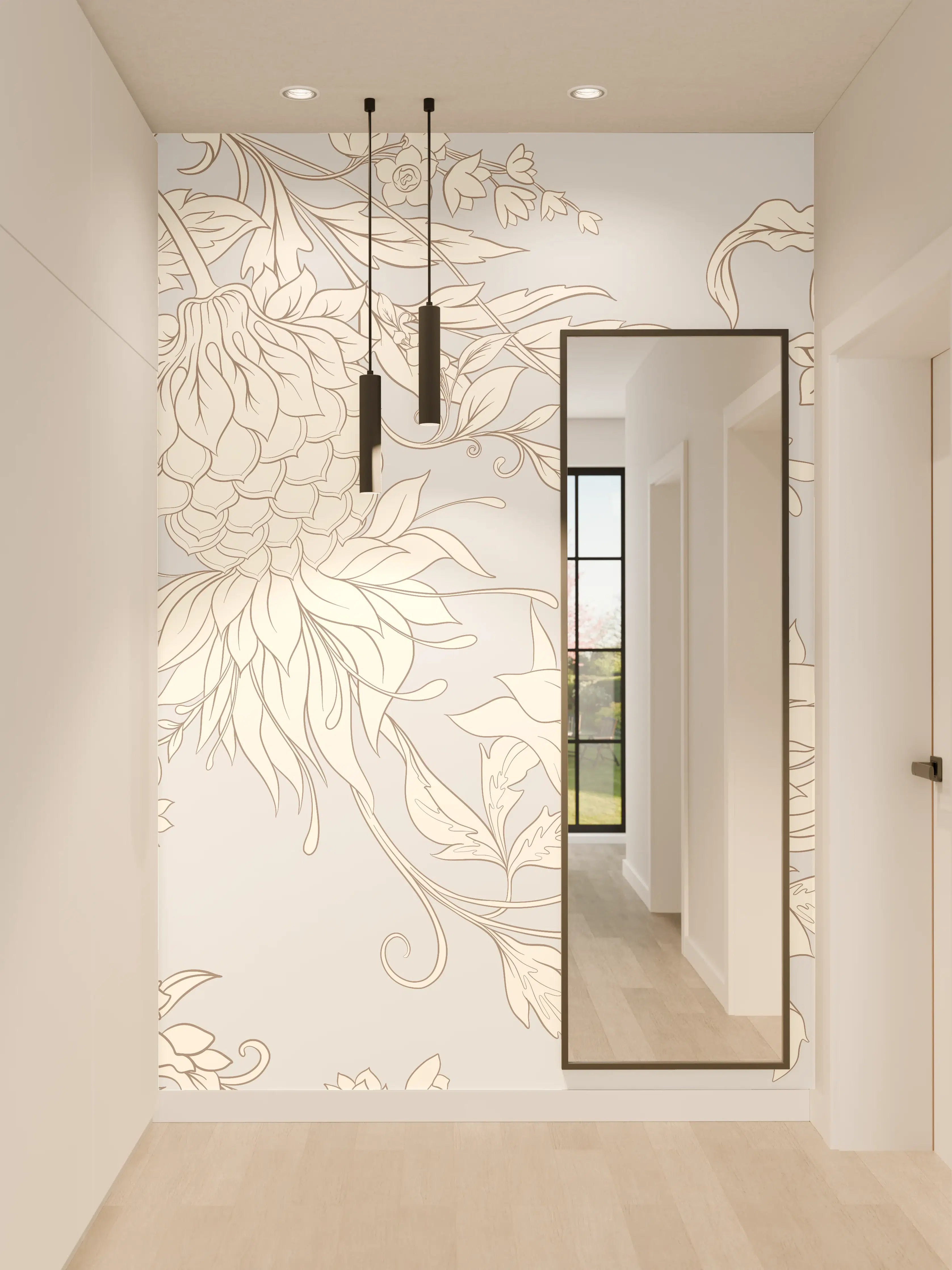 Wandverkleidung Flur - Helles Pflanzenmuster auf pastelligem Hintergrund