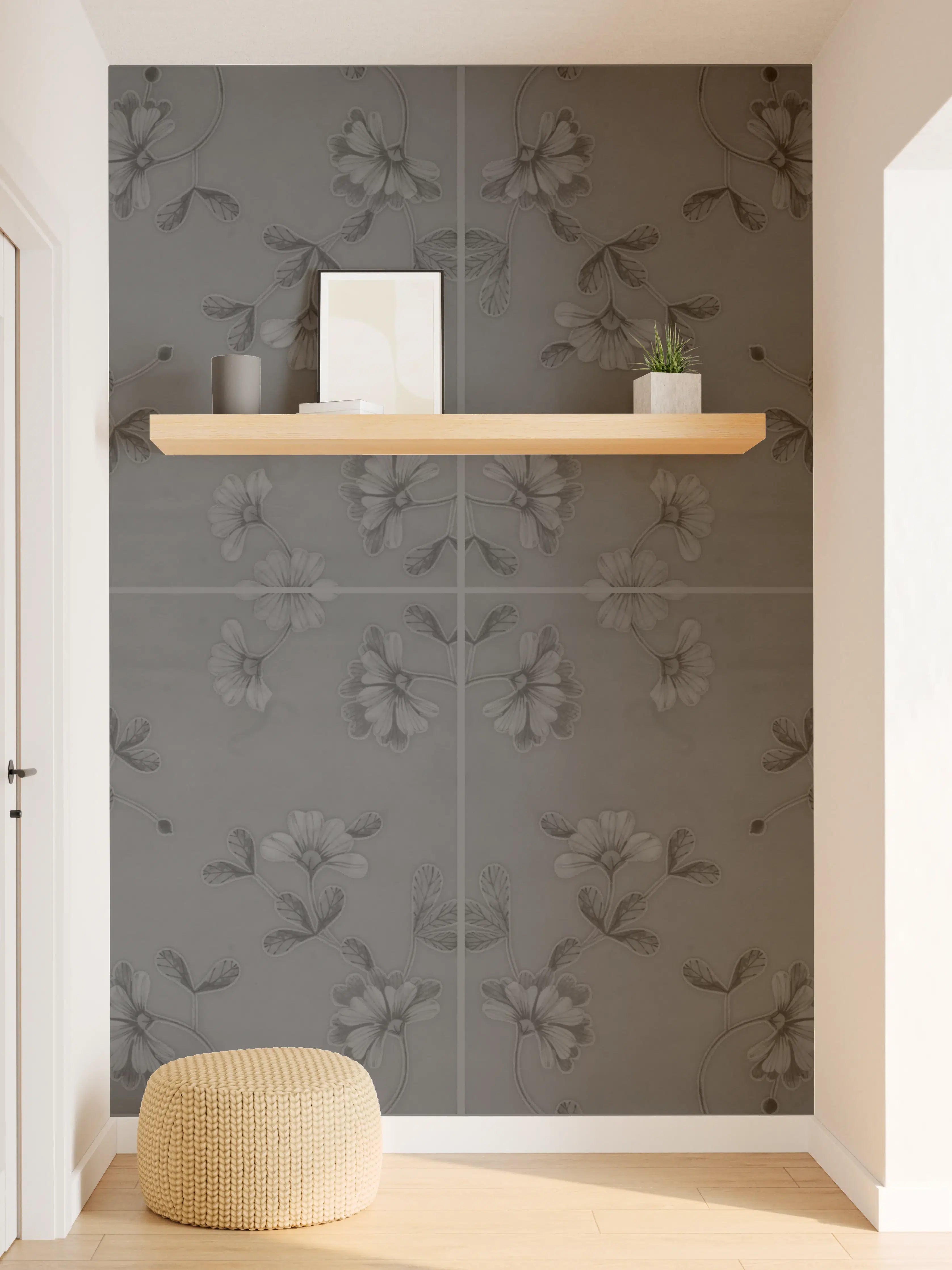 Wandverkleidung Flur - Hellgraue blumenförmige Fliesen