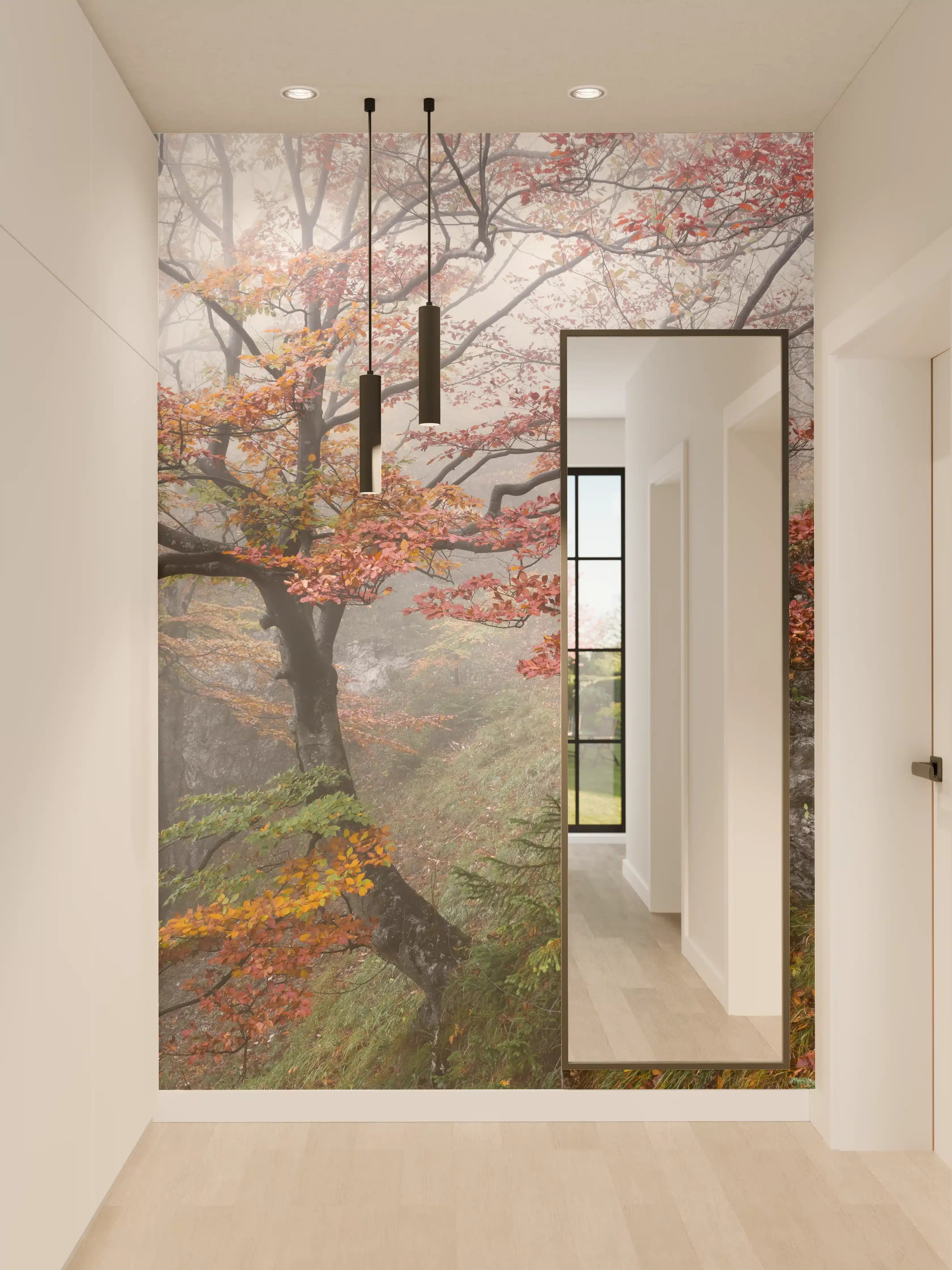 Wandverkleidung Flur - Herbstliche Baumlandschaft im Nebel