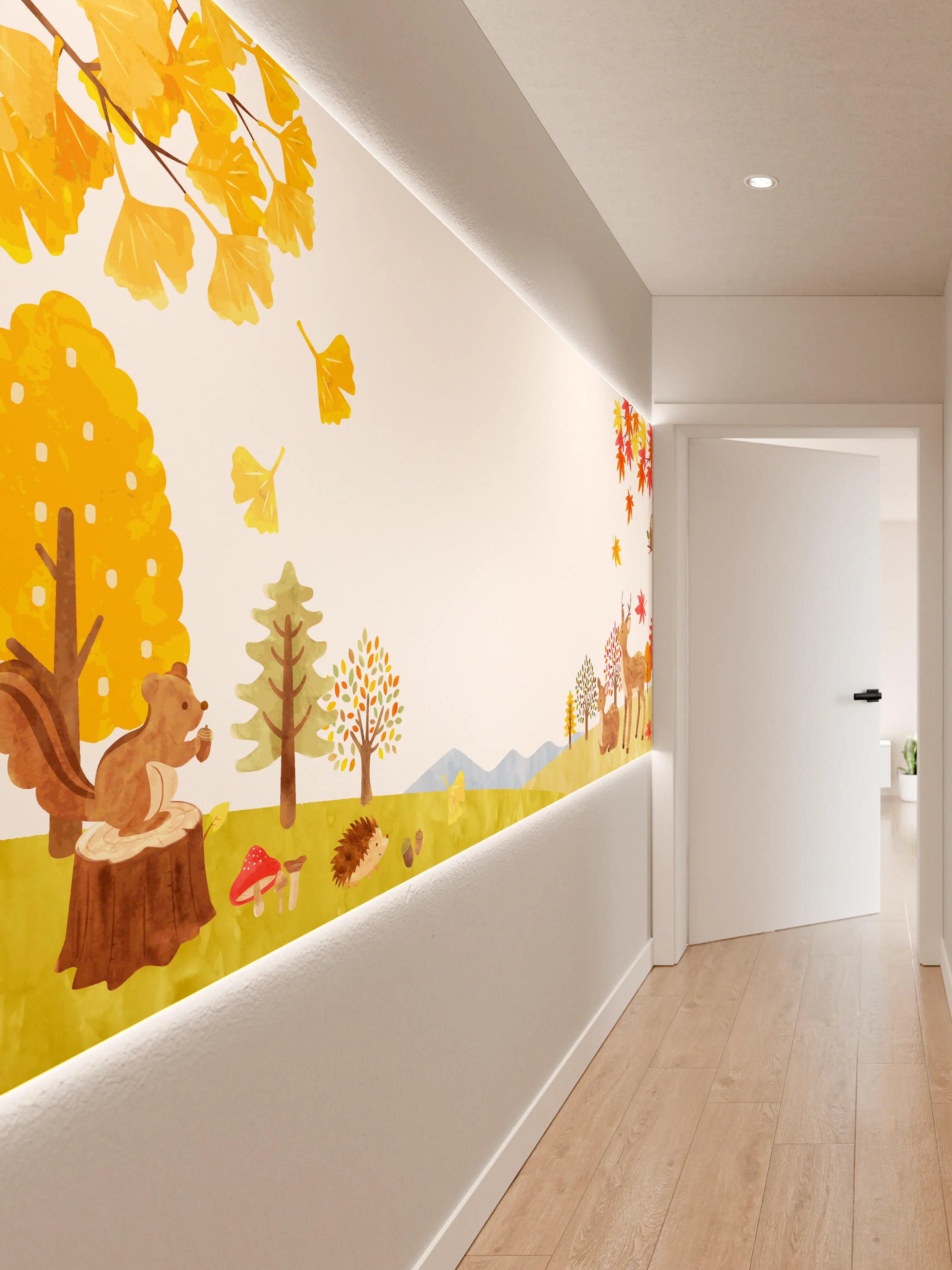 Wandverkleidung Flur - Herbstliche Tierillustration