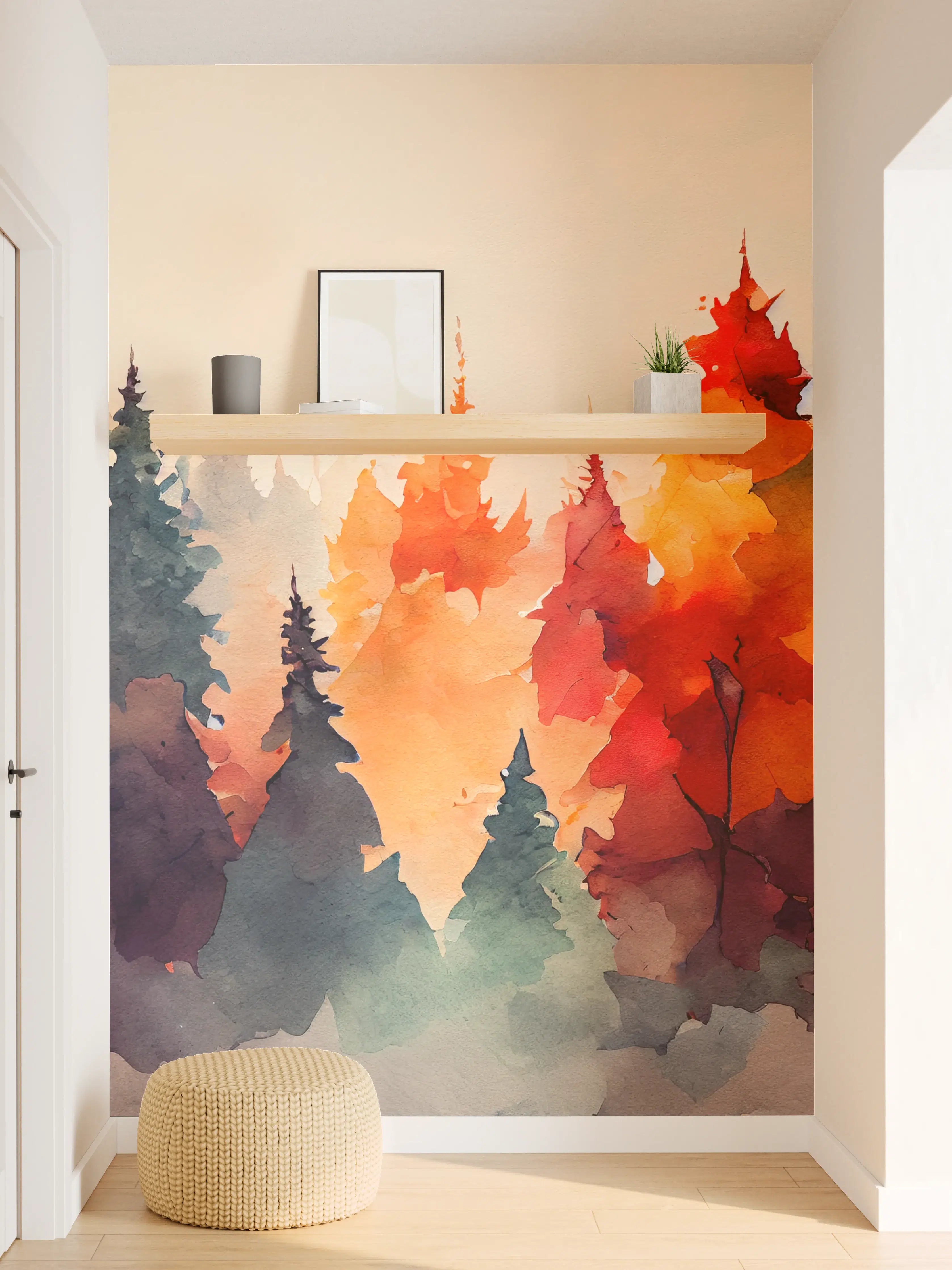 Wandverkleidung Flur - Herbstliche Waldlandschaft in Aquarelloptik