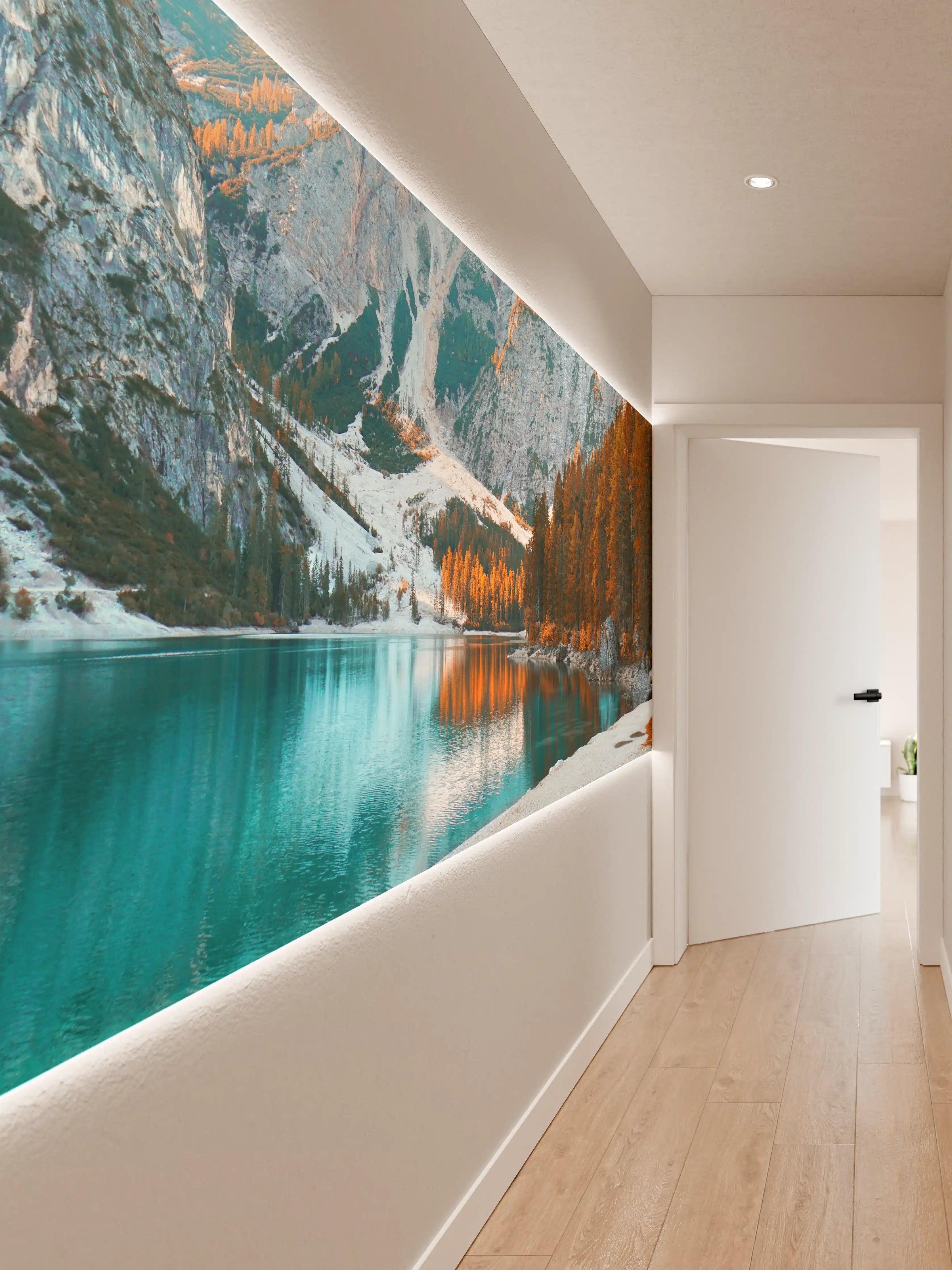 Wandverkleidung Flur - Herbstlicher Bergsee in Grau und Weiß