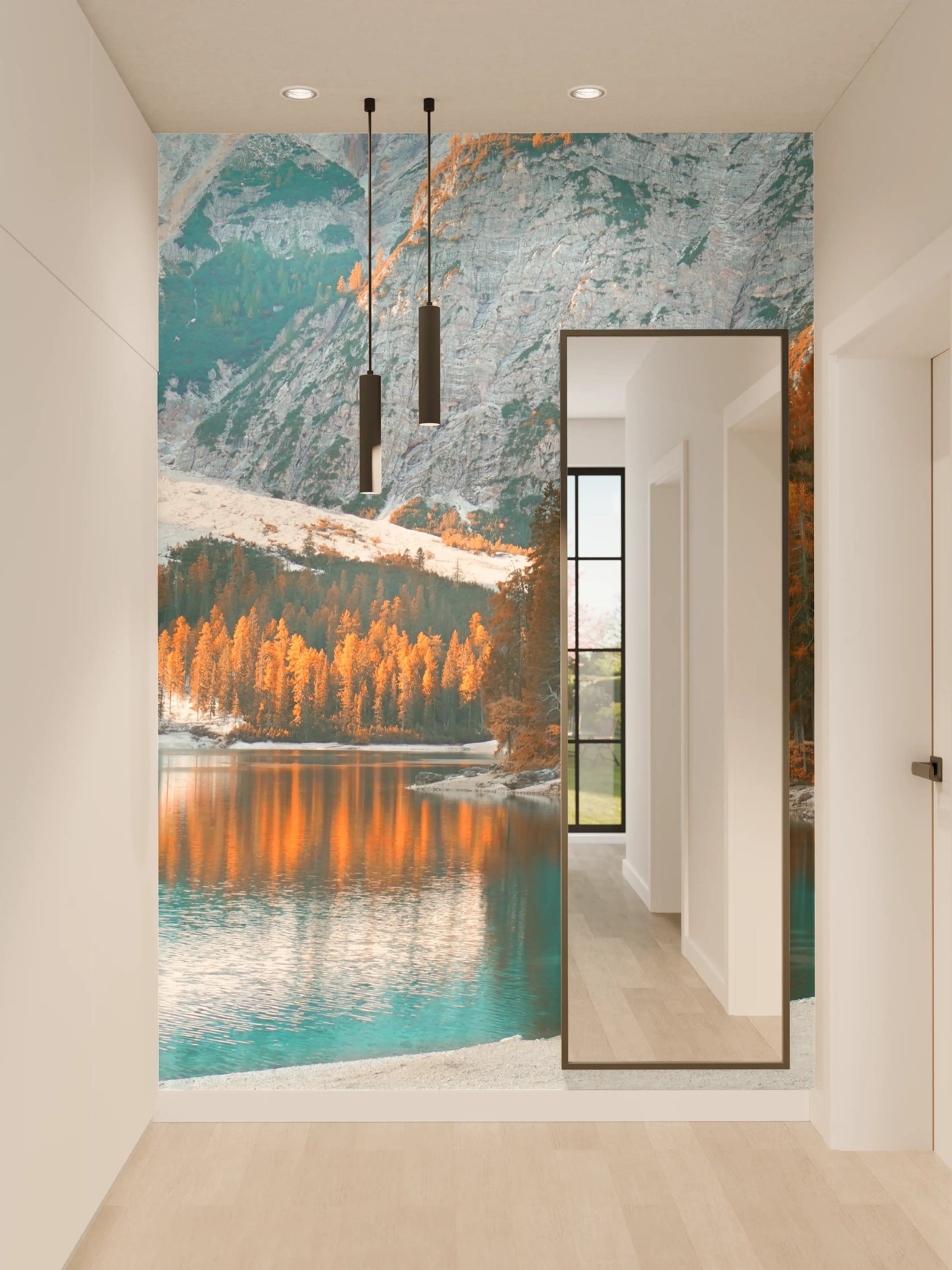 Wandverkleidung Flur - Herbstlicher Bergsee in Grau und Weiß