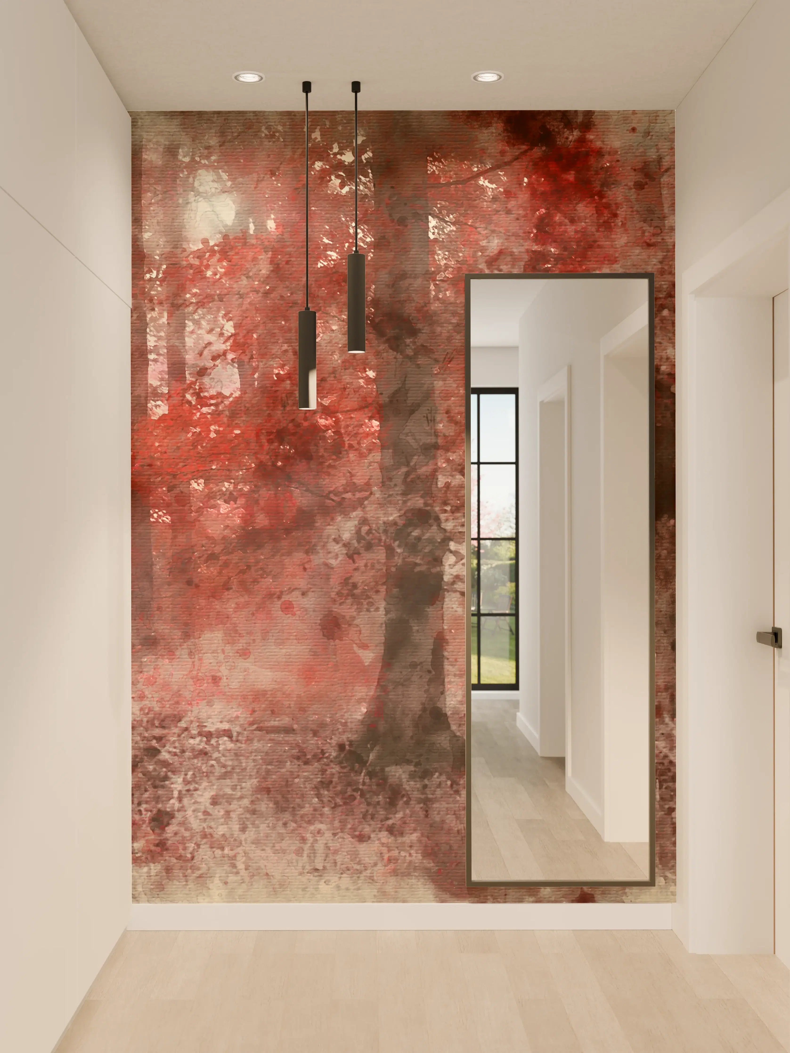 Wandverkleidung Flur - Herbstlicher Wald in Rot und Grau