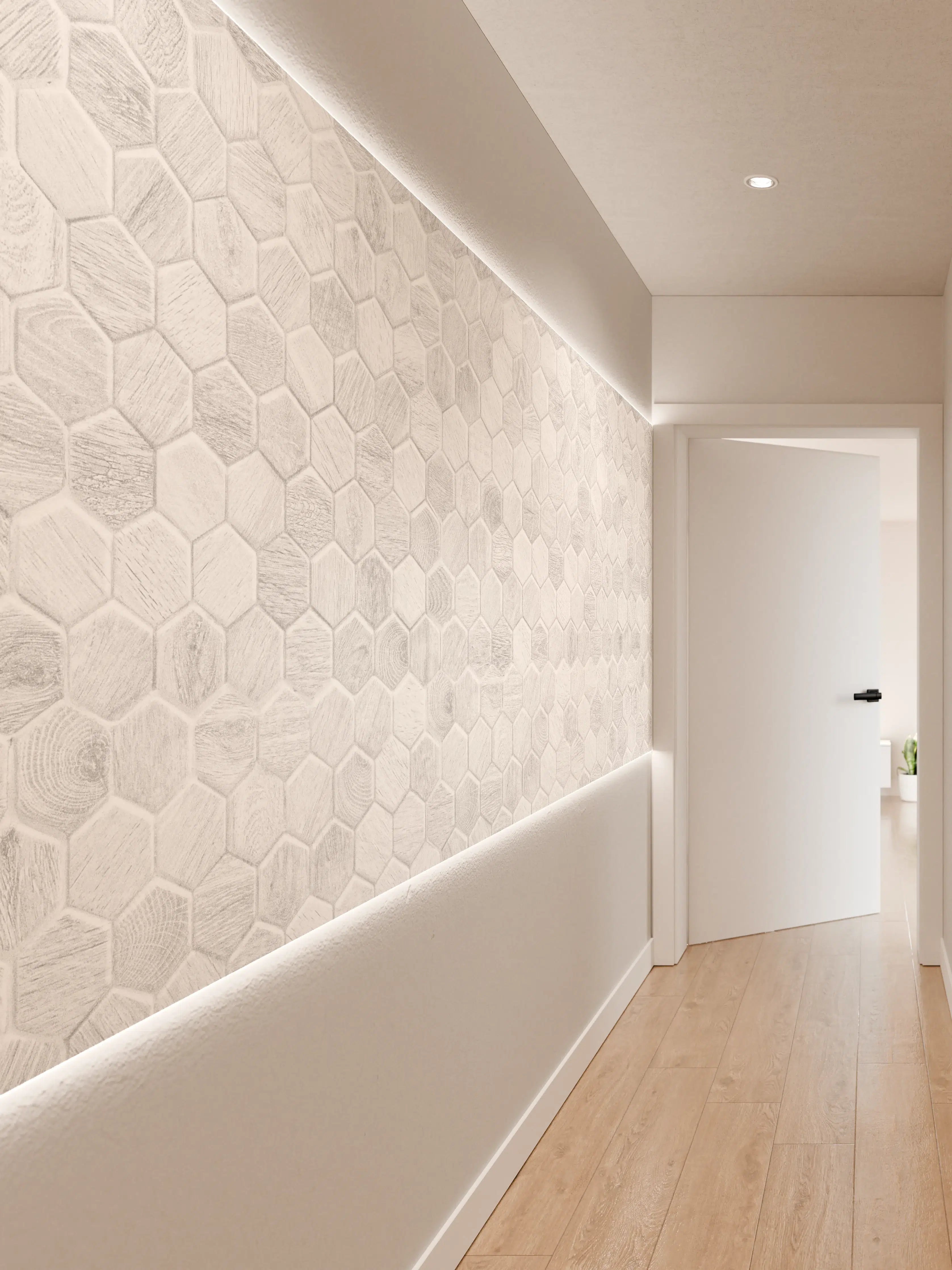 Wandverkleidung Flur - Hexagon-Holzpaneele Grau-Weiß