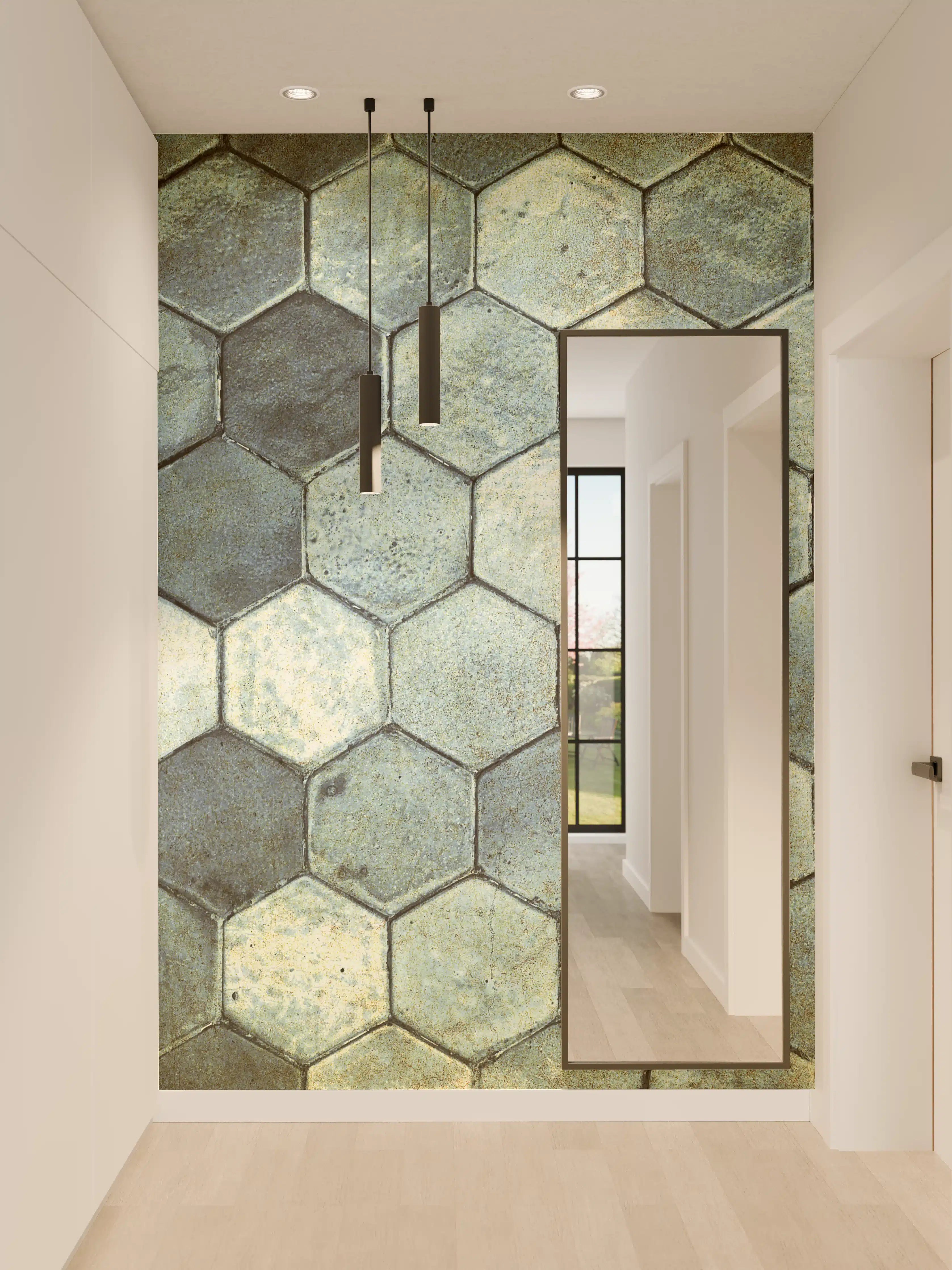 Wandverkleidung Flur - Hexagonfliesen in natürlichen Tönen