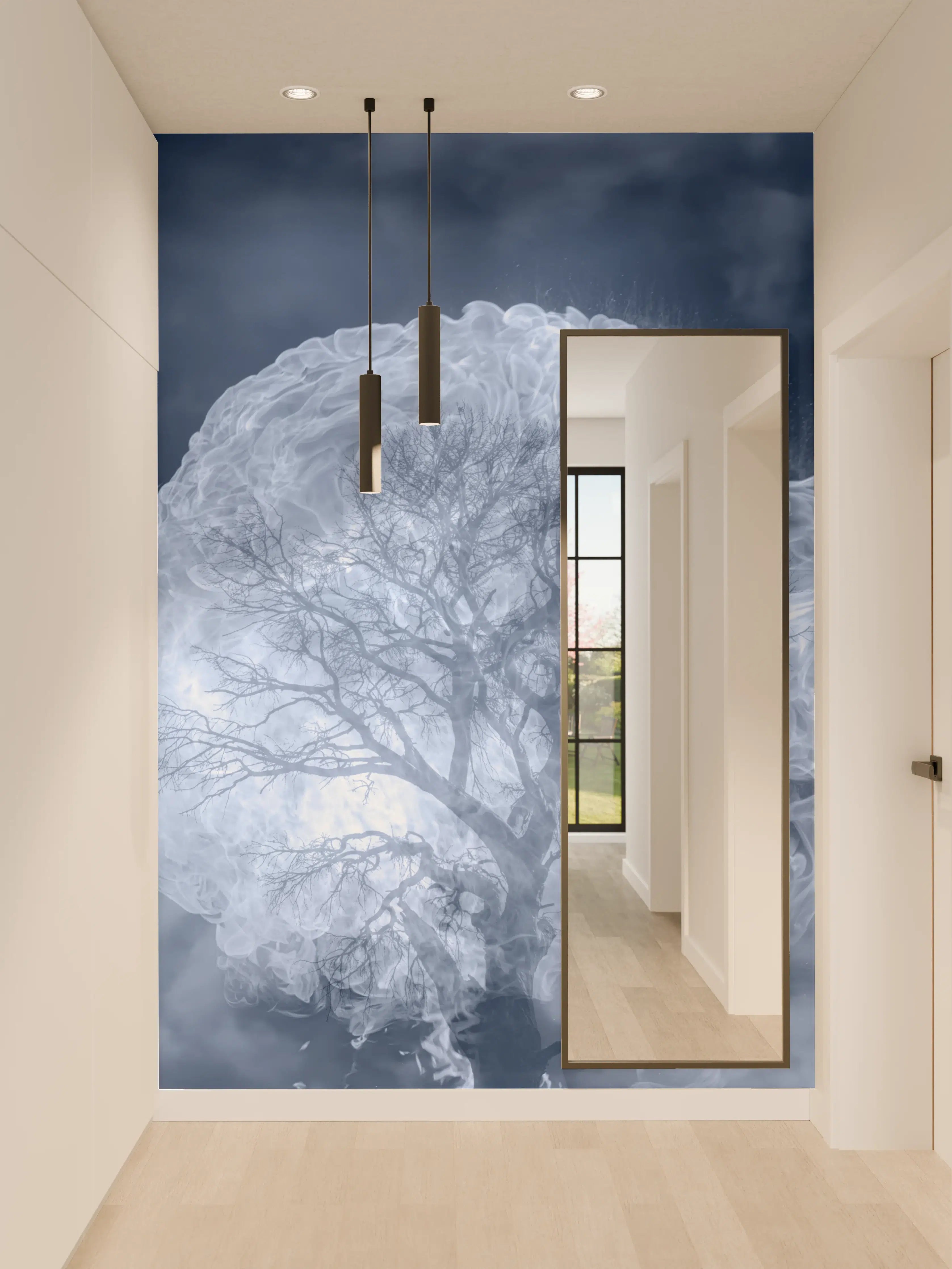 Wandverkleidung Flur - Himmel mit Baum im Nebel