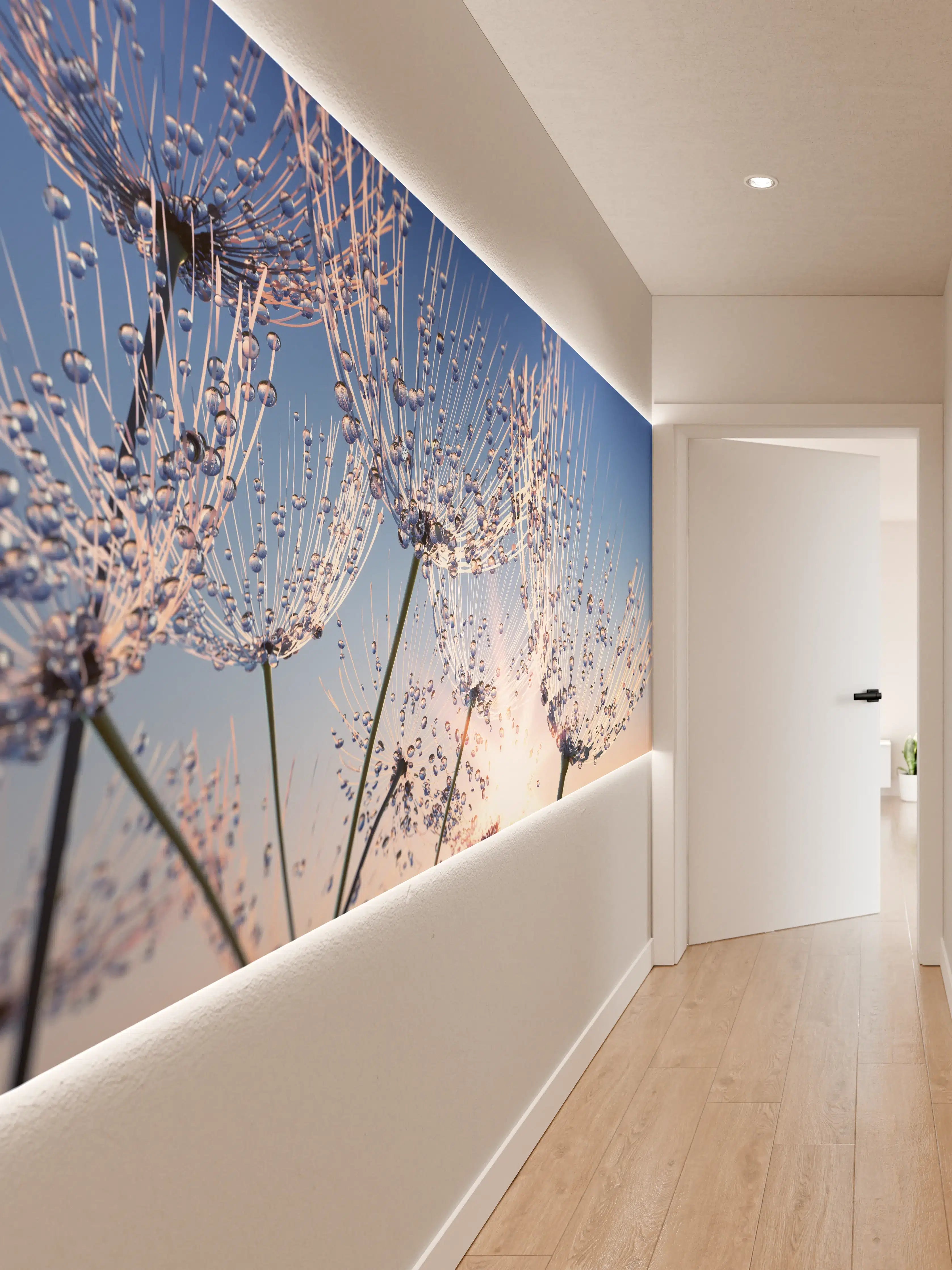 Wandverkleidung Flur - Himmel voller Pusteblumen bei Sonnenaufgang