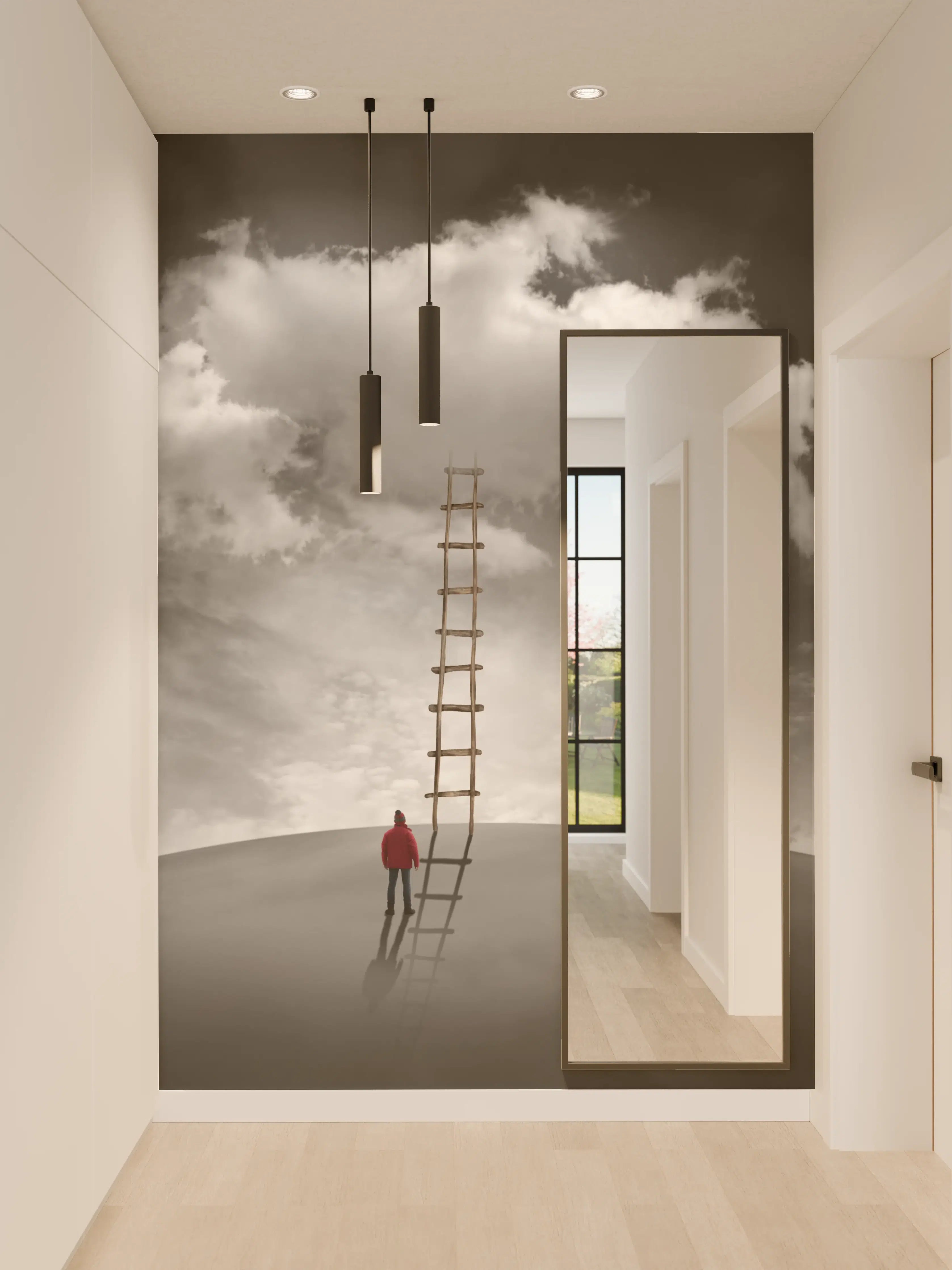 Wandverkleidung Flur - Himmelsabenteuer mit Leiter in Wolken